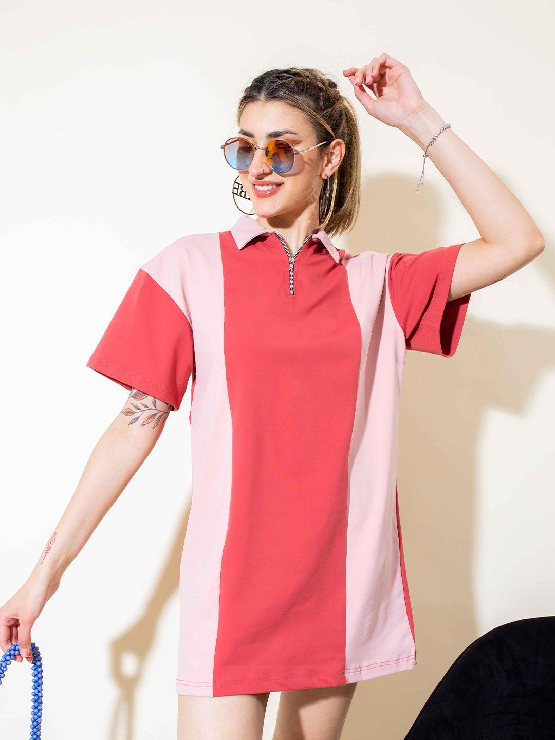 stylecast x hersheinbox pink & orange colourblocked shirt collar cotton t-shirt mini dress