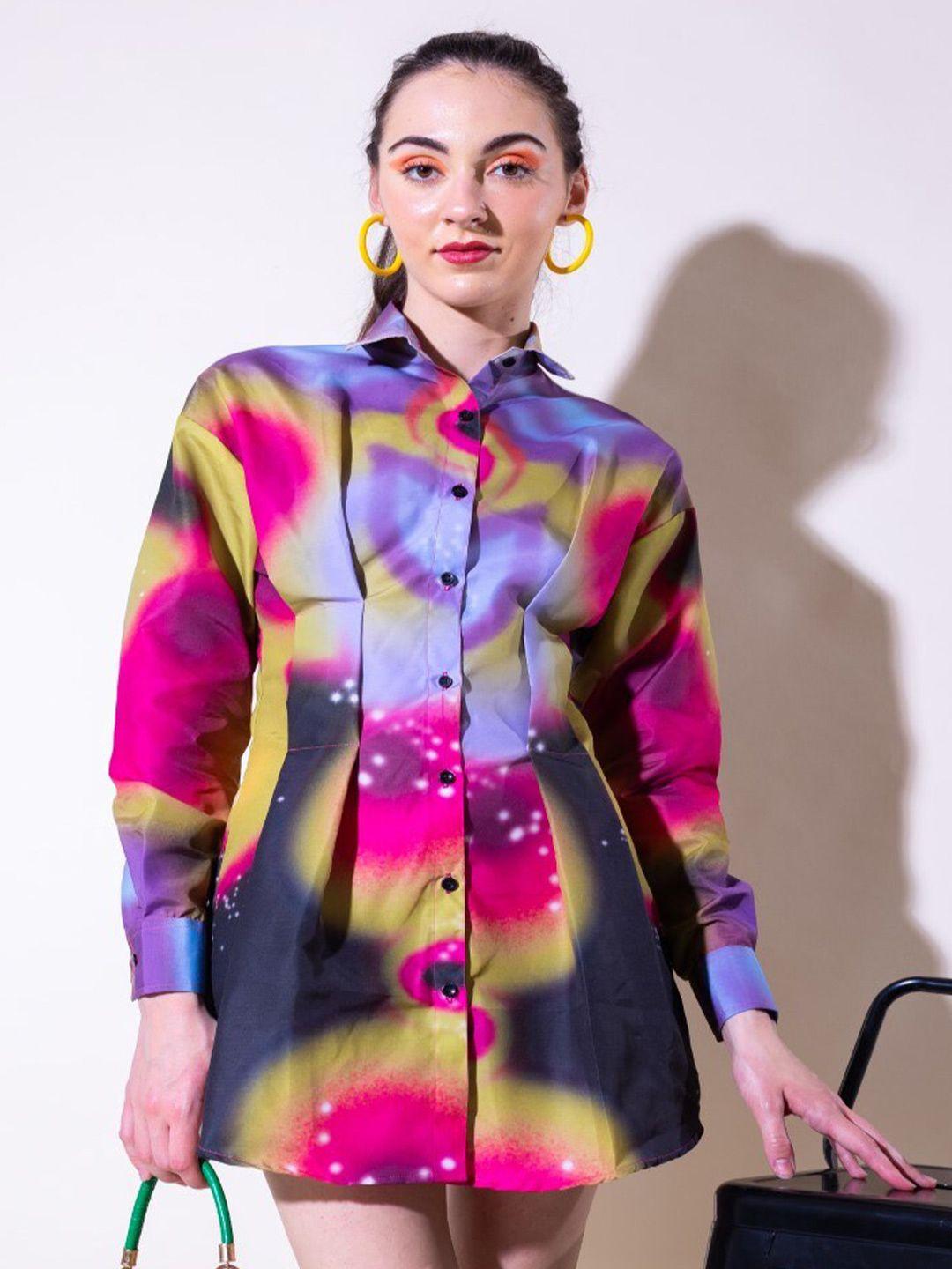 stylecast x hersheinbox pink & purple abstract printed cuffed sleeves cotton shirt dress