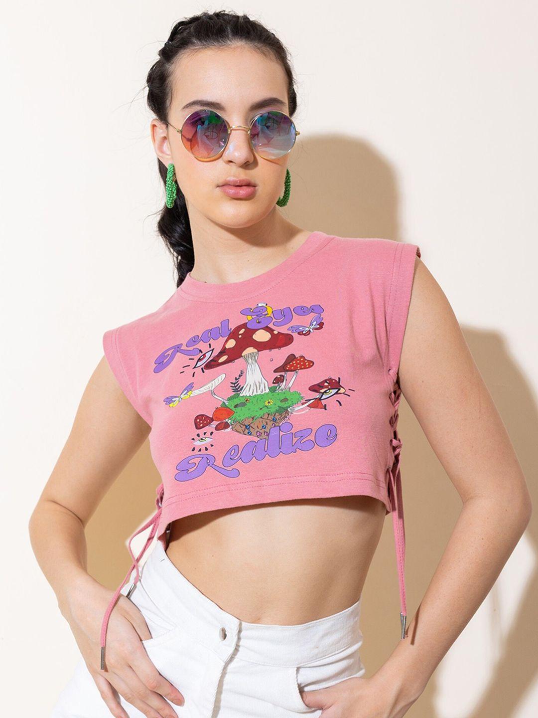 stylecast x hersheinbox pink graphic printed tie up pure cotton crop top