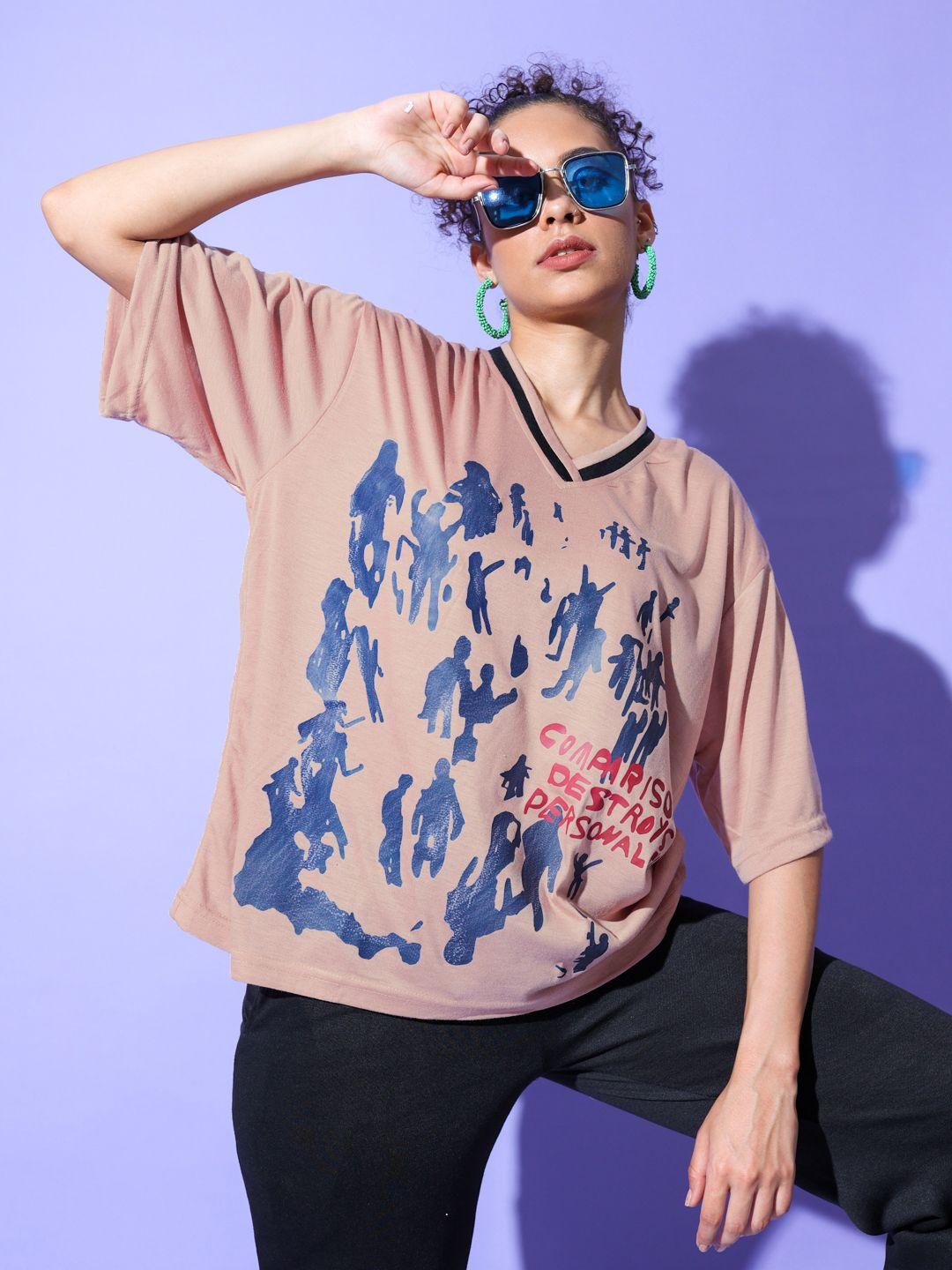 stylecast x hersheinbox printed v-neck drop-shoulder sleeves cotton oversized t-shirt