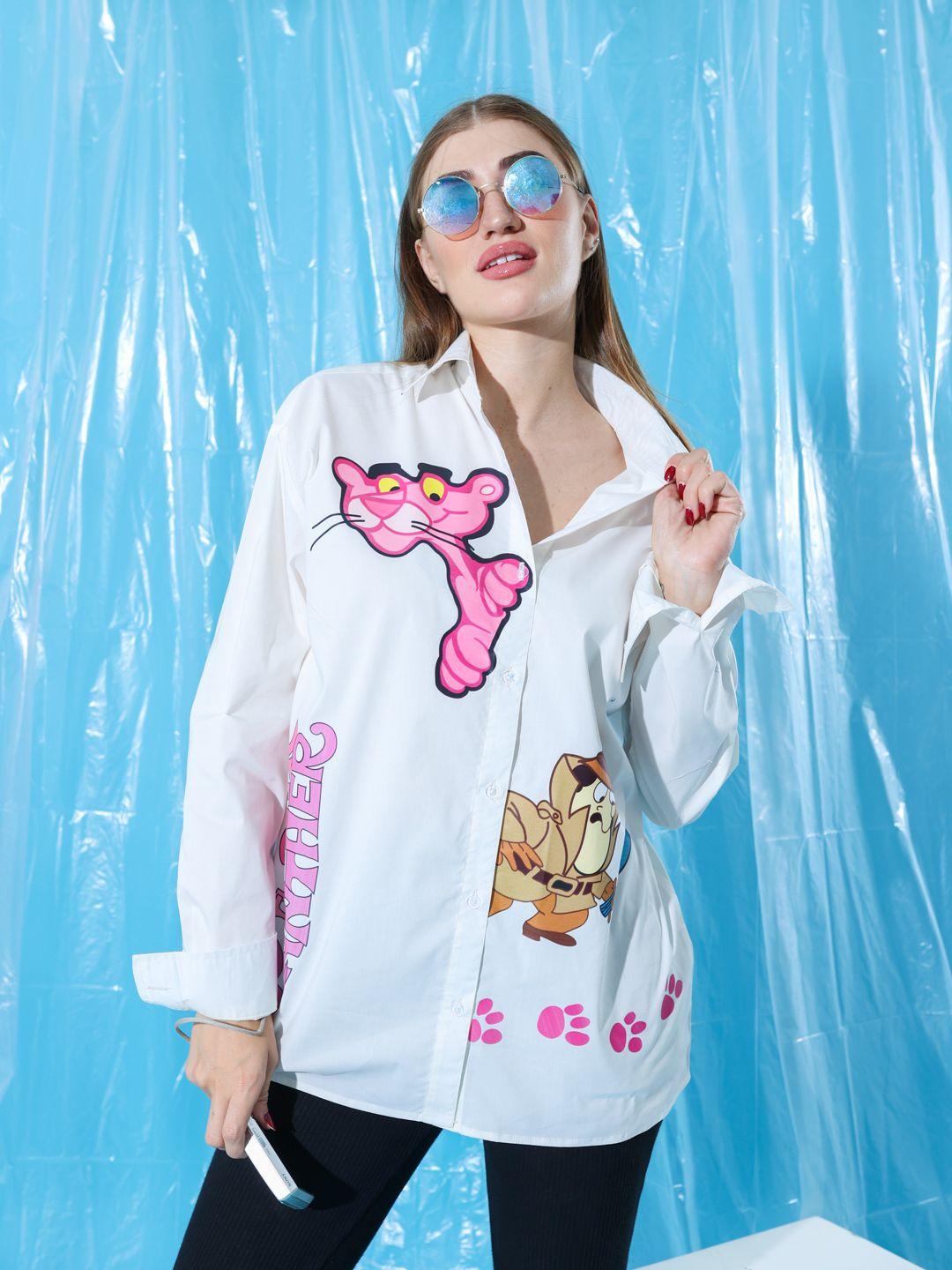 stylecast x hersheinbox pure cotton pink panther printed oversized casual shirt