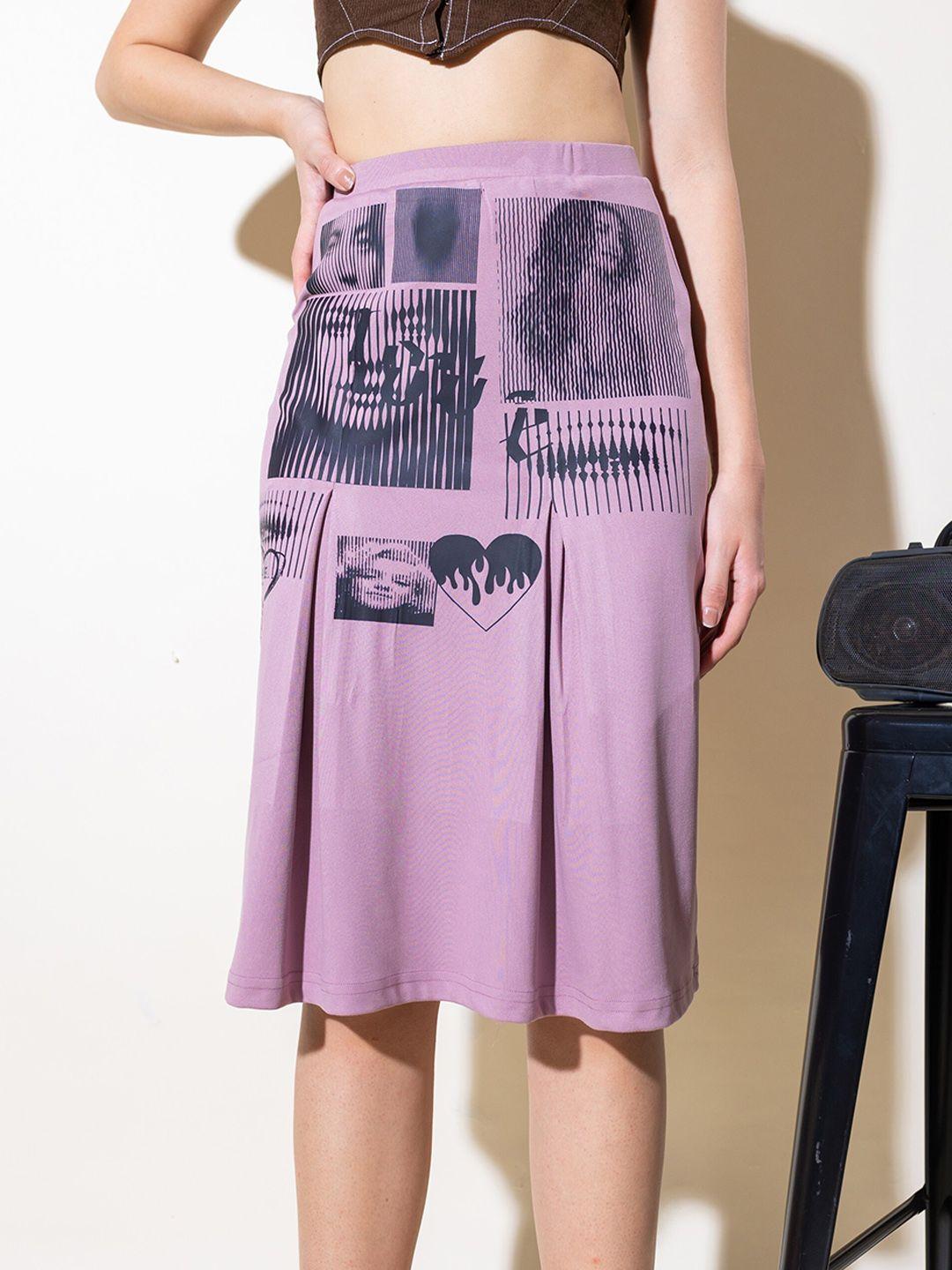 stylecast x hersheinbox purple graphic printed a-line knee-length skirt with pleats detail