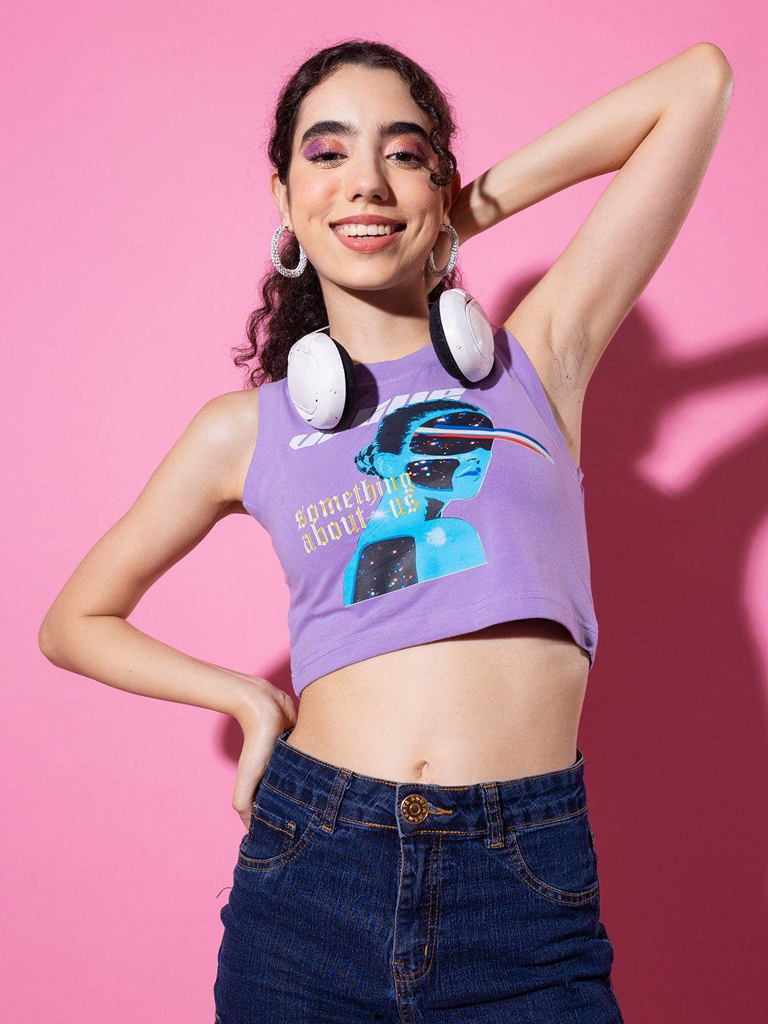 stylecast x hersheinbox purple graphic printed sleeveless pure cotton crop top