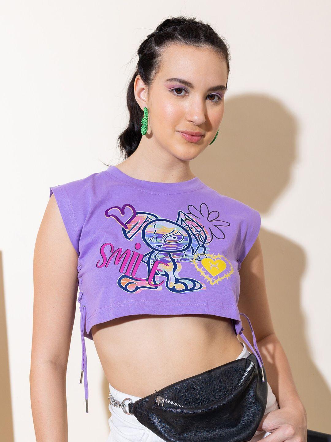 stylecast x hersheinbox purple graphic printed tie up pure cotton crop top