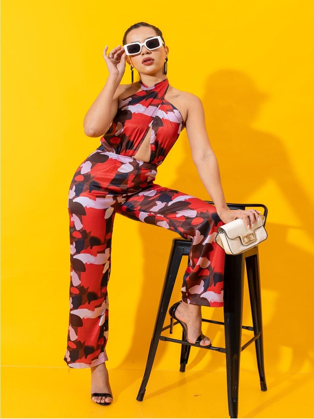 stylecast x hersheinbox red & blue abstract printed cut out basic jumpsuit