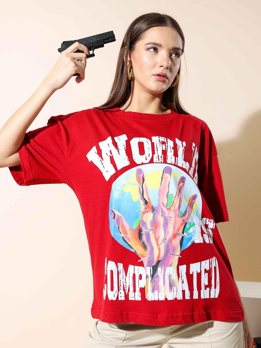 stylecast x hersheinbox red graphic printed drop-shoulder relaxed fit pure cotton t-shirt