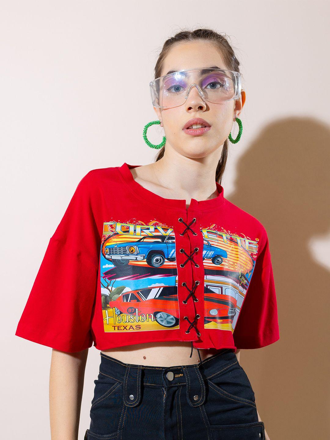 stylecast x hersheinbox red graphic printed pure cotton crop top