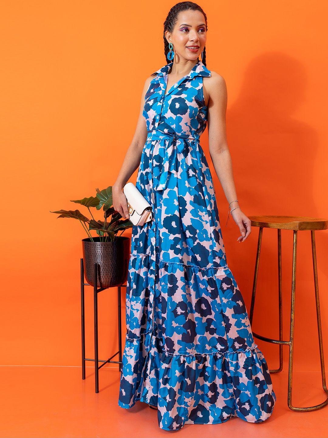 stylecast x hersheinbox shirt collar floral printed tiered belted maxi dress