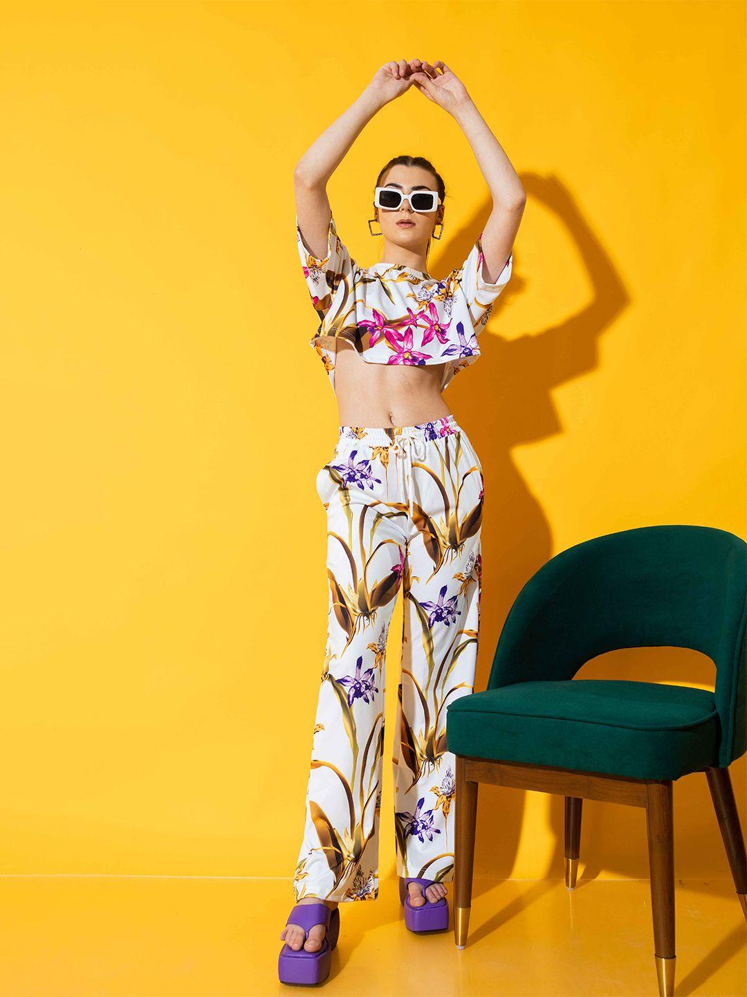 stylecast x hersheinbox white floral printed crop top with trousers