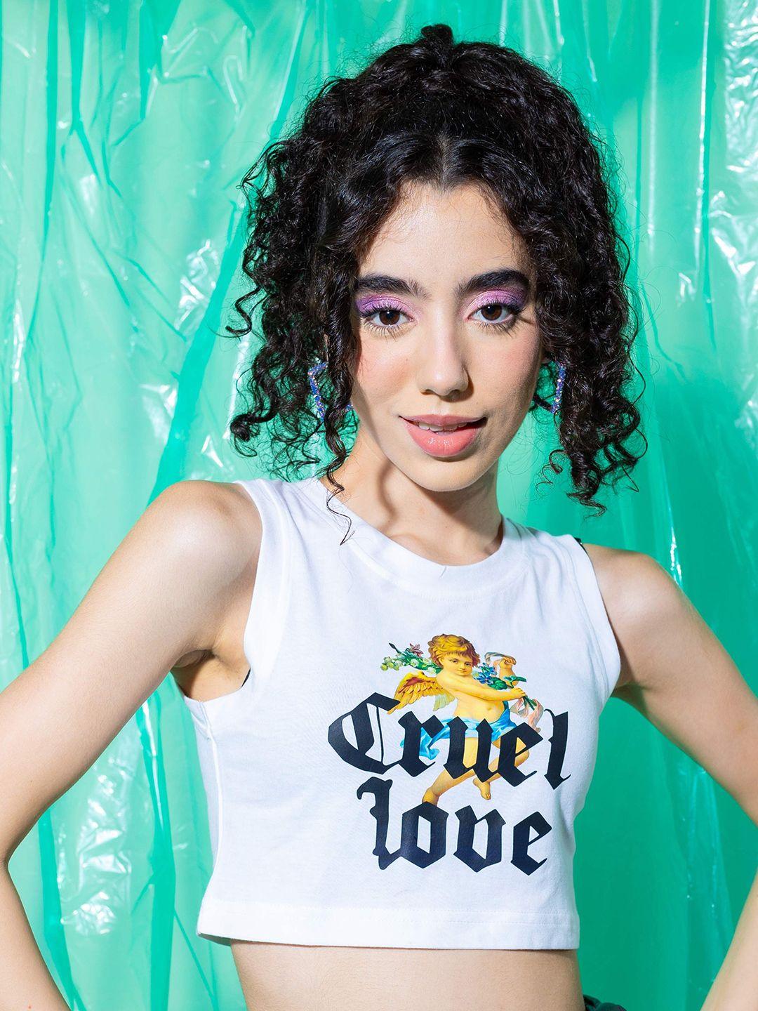 stylecast x hersheinbox white typography printed sleeveless crop cotton top