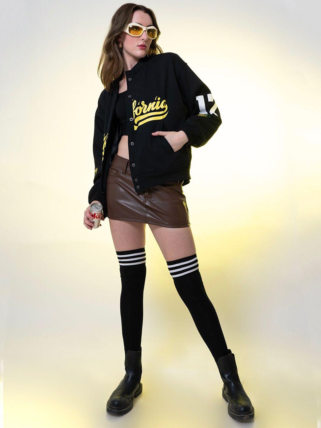 stylecast x hersheinbox women black fleece long sleeves varsity jacket