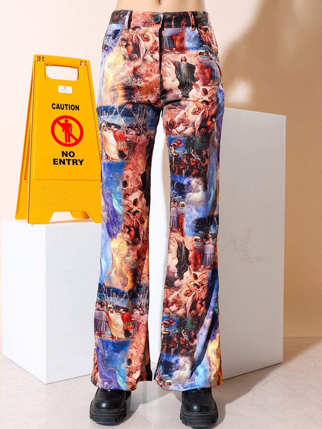 stylecast x hersheinbox women blue printed relaxed bootcut trousers