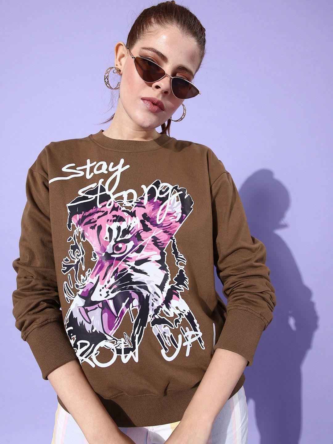stylecast x hersheinbox women brown graphic printed pure cotton sweatshirt