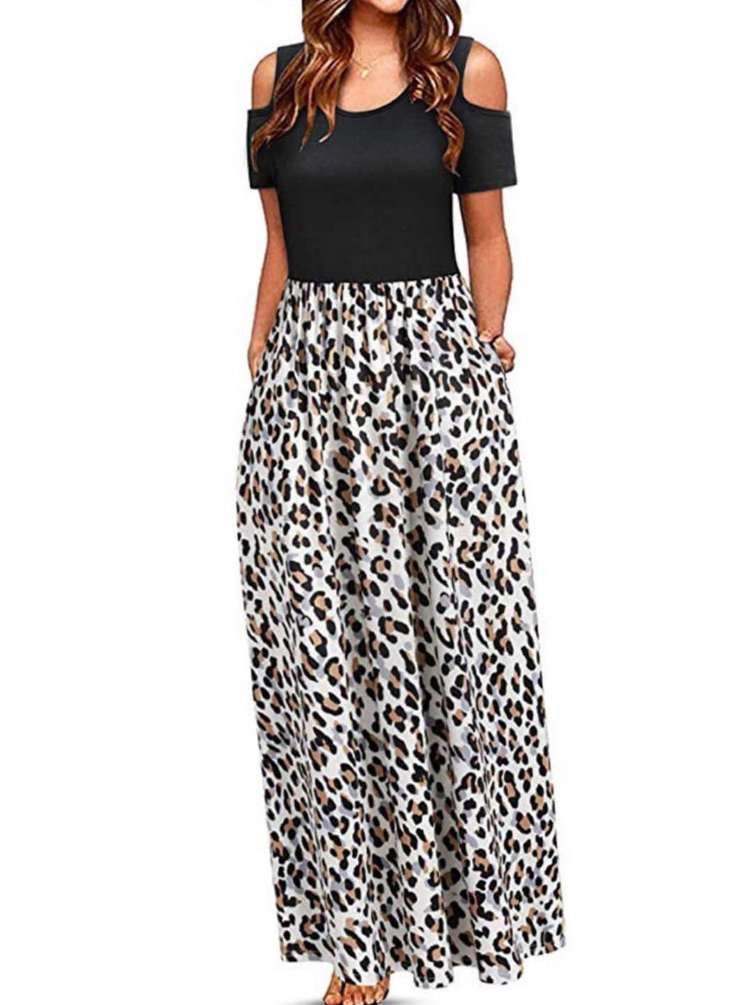 stylecast x kpop animal printed round neck cold-shoulder gathered party maxi dress
