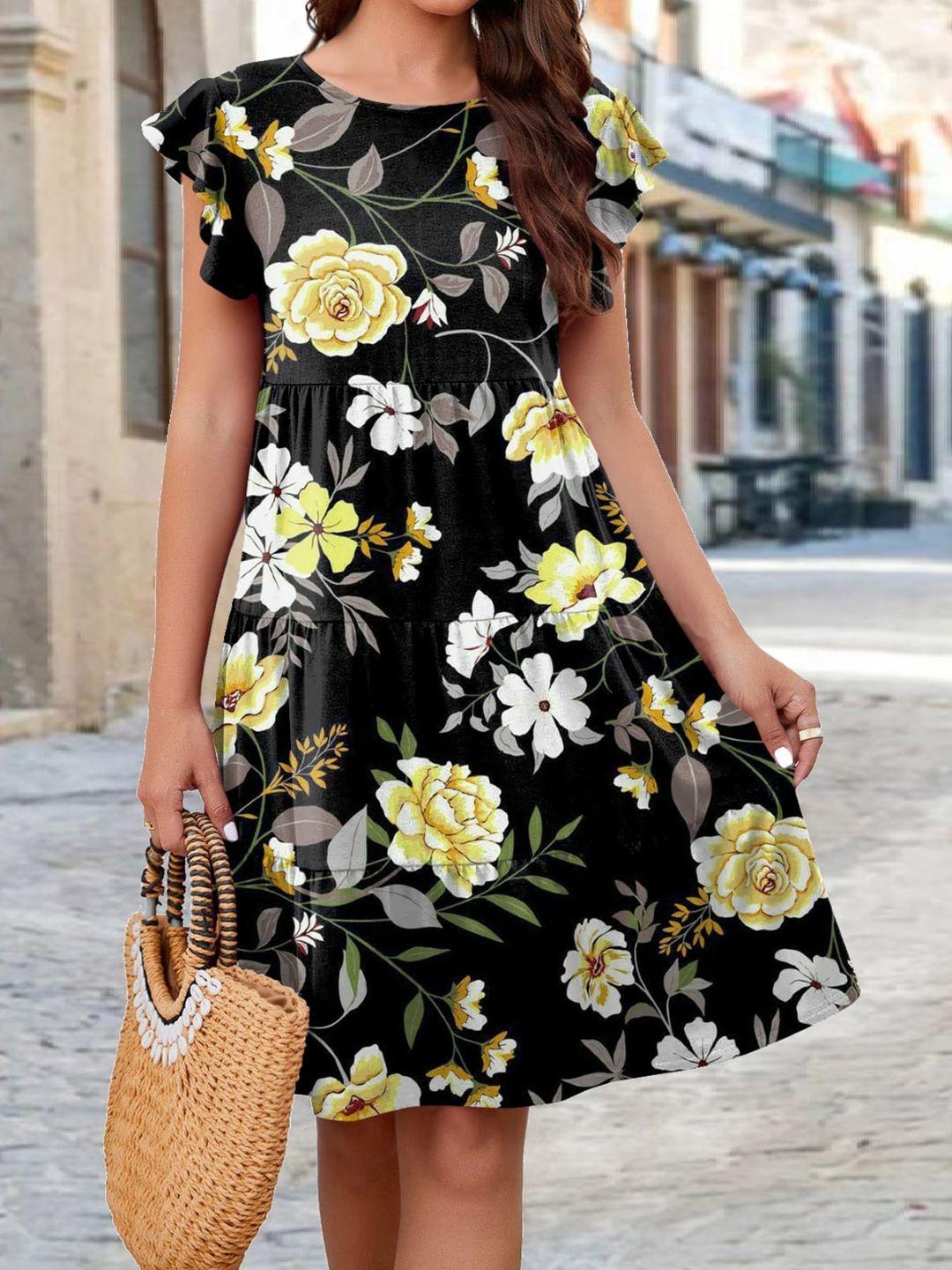stylecast x kpop floral printed flutter sleeves fit & flare dress