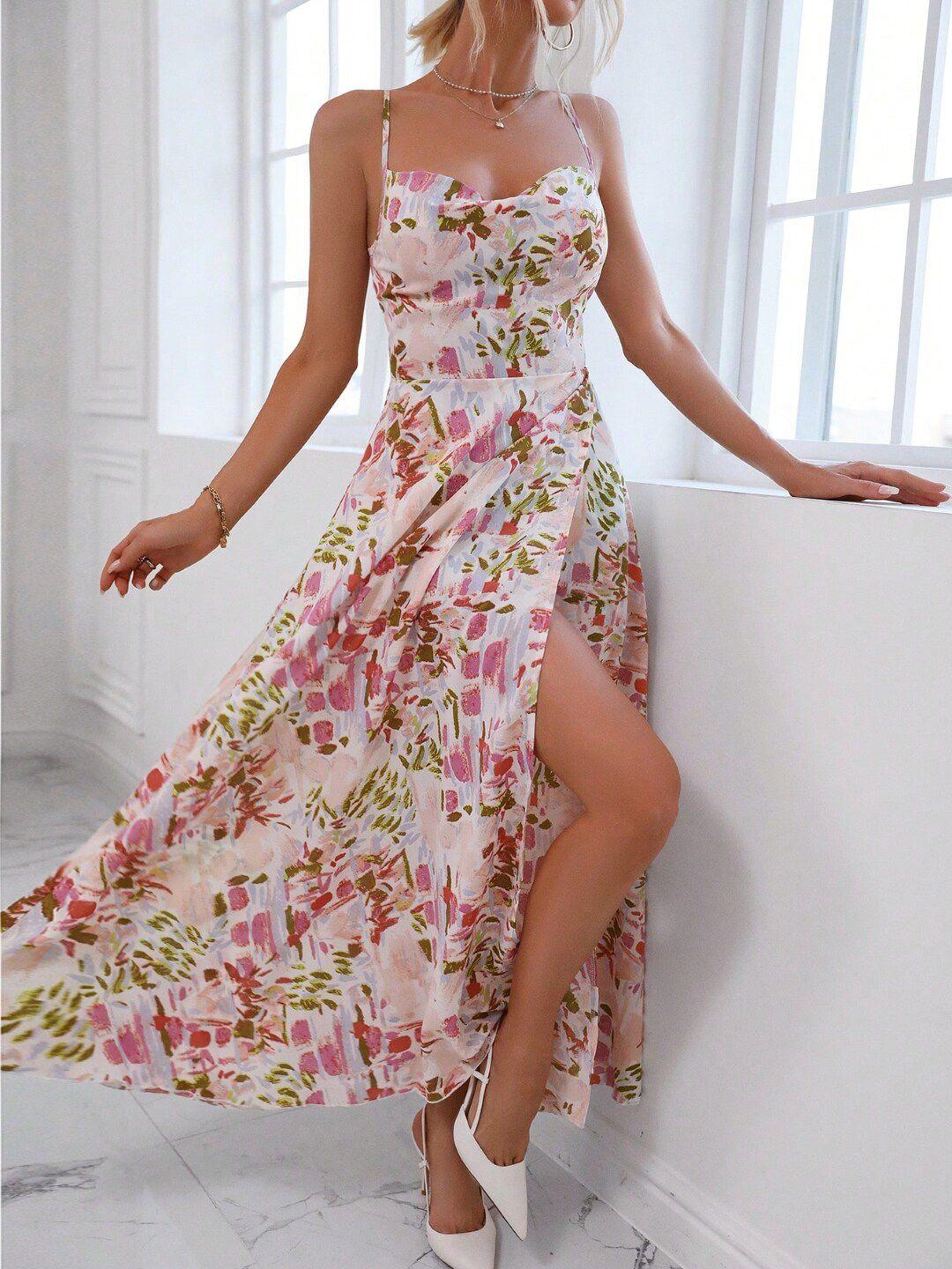 stylecast x kpop pink floral print a-line maxi dress