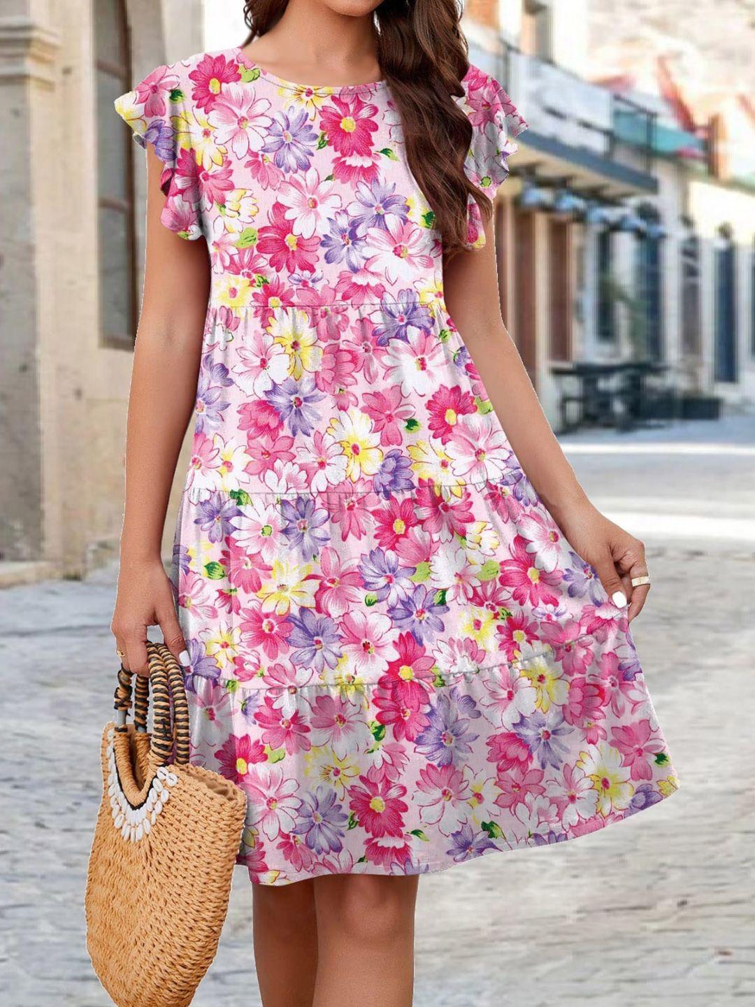 stylecast x kpop round neck floral print flutter sleeve fit & flare dress