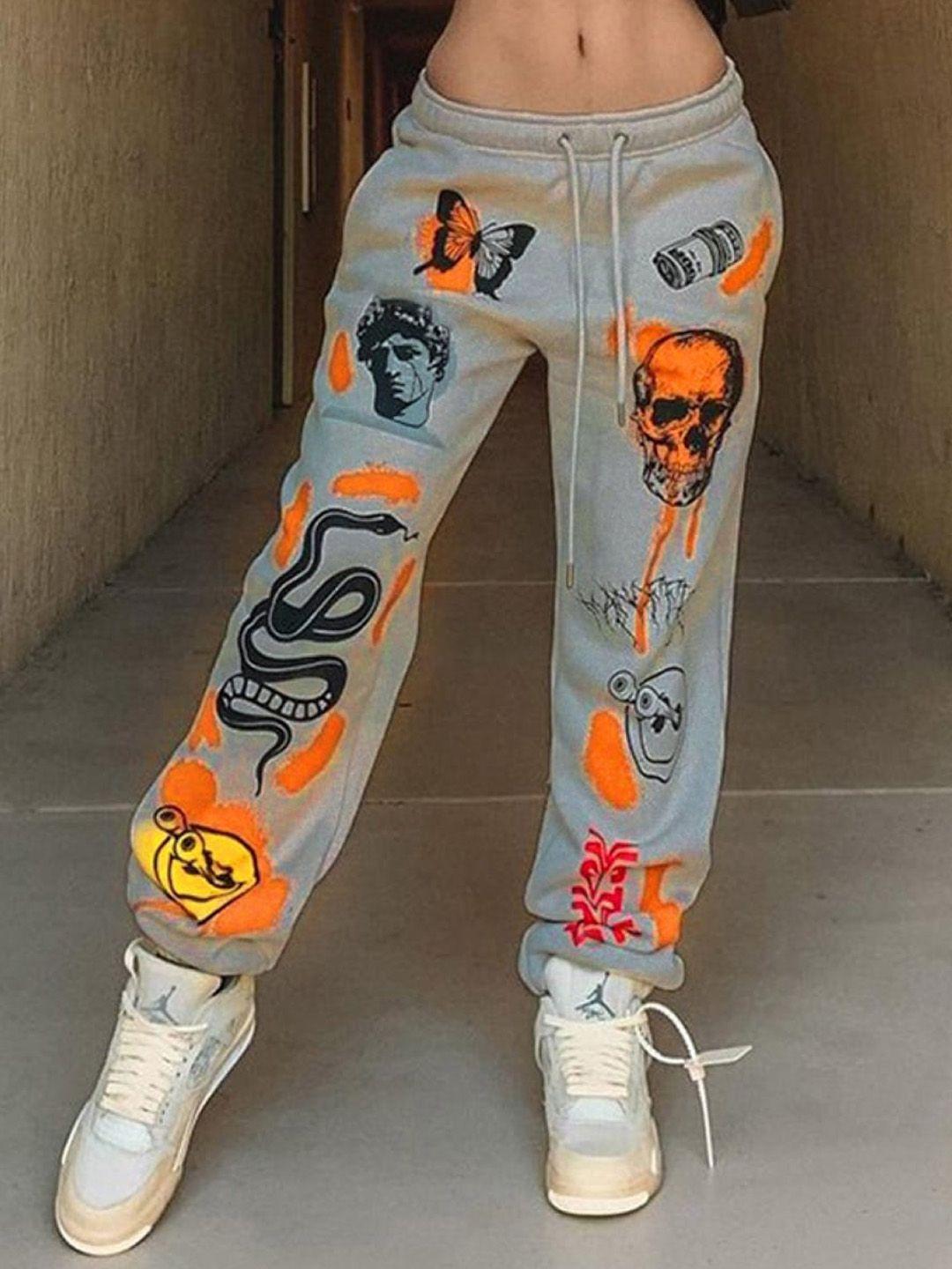 stylecast x kpop women conversational printed mid-rise joggers trouser