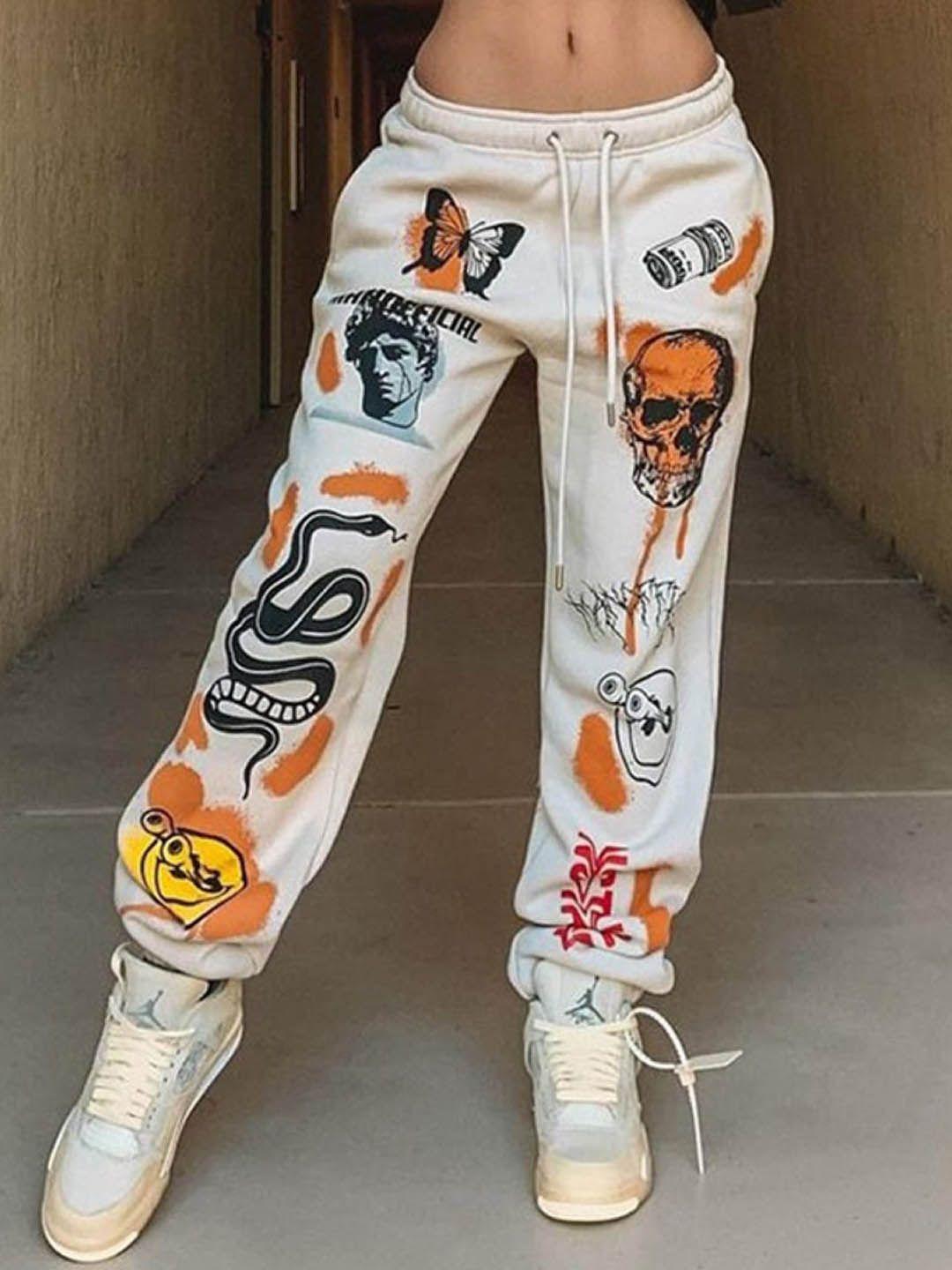 stylecast x kpop women conversational printed mid-rise joggers trouser
