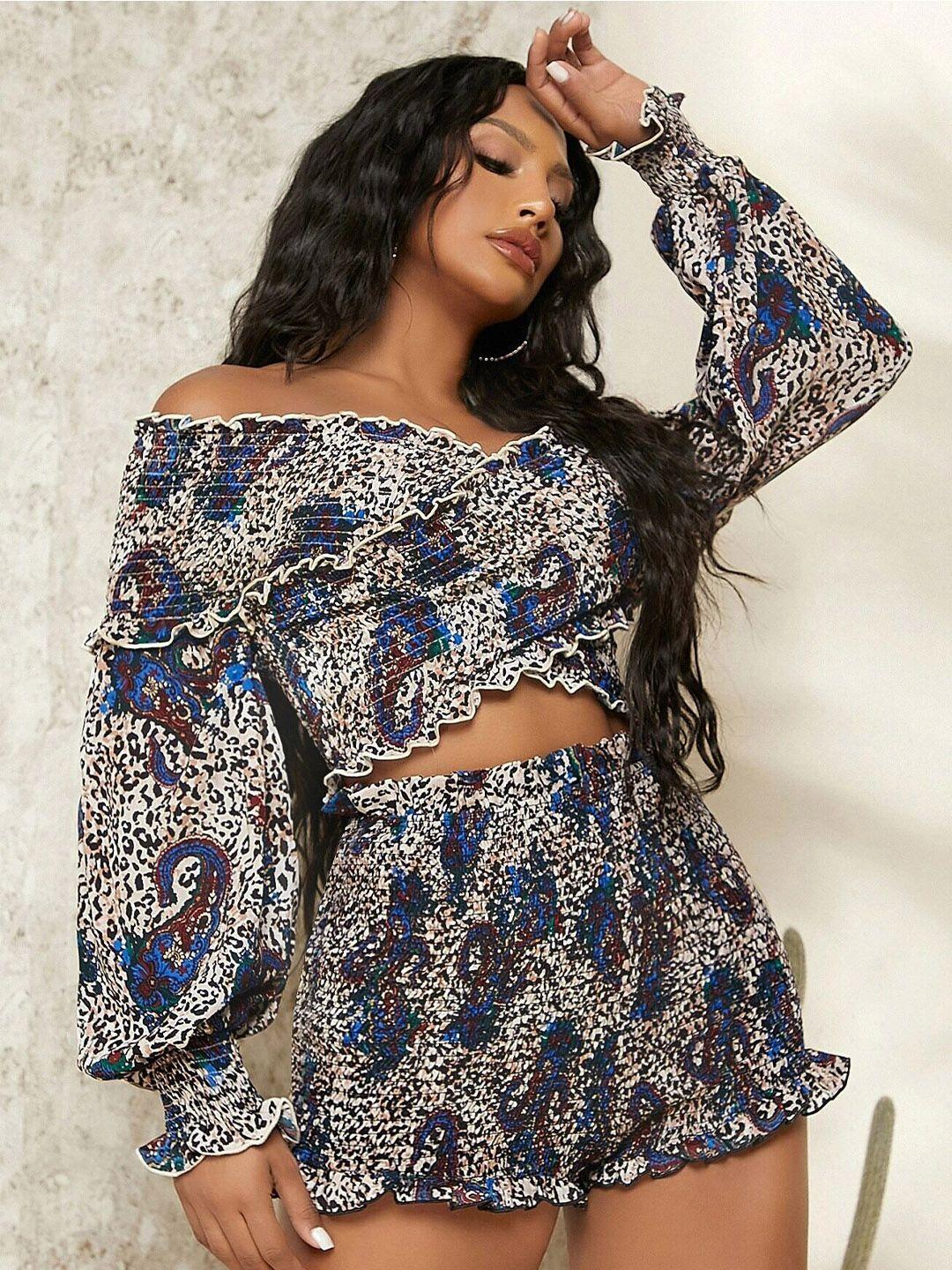 stylecast x slyck ethnic motifs printed off-shoulder puff sleeves cropped top