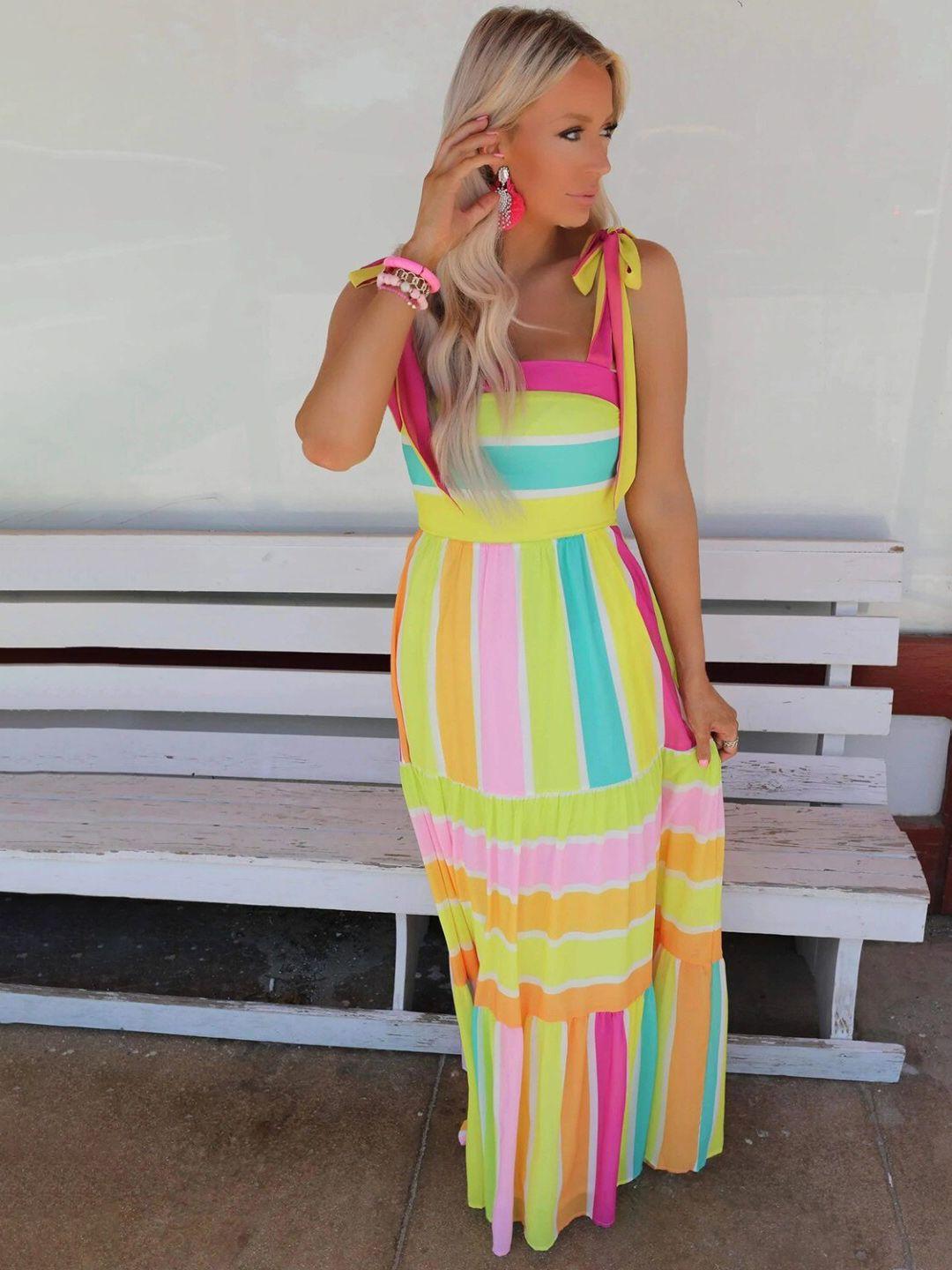 stylecast yellow & blue striped shoulder straps maxi dress