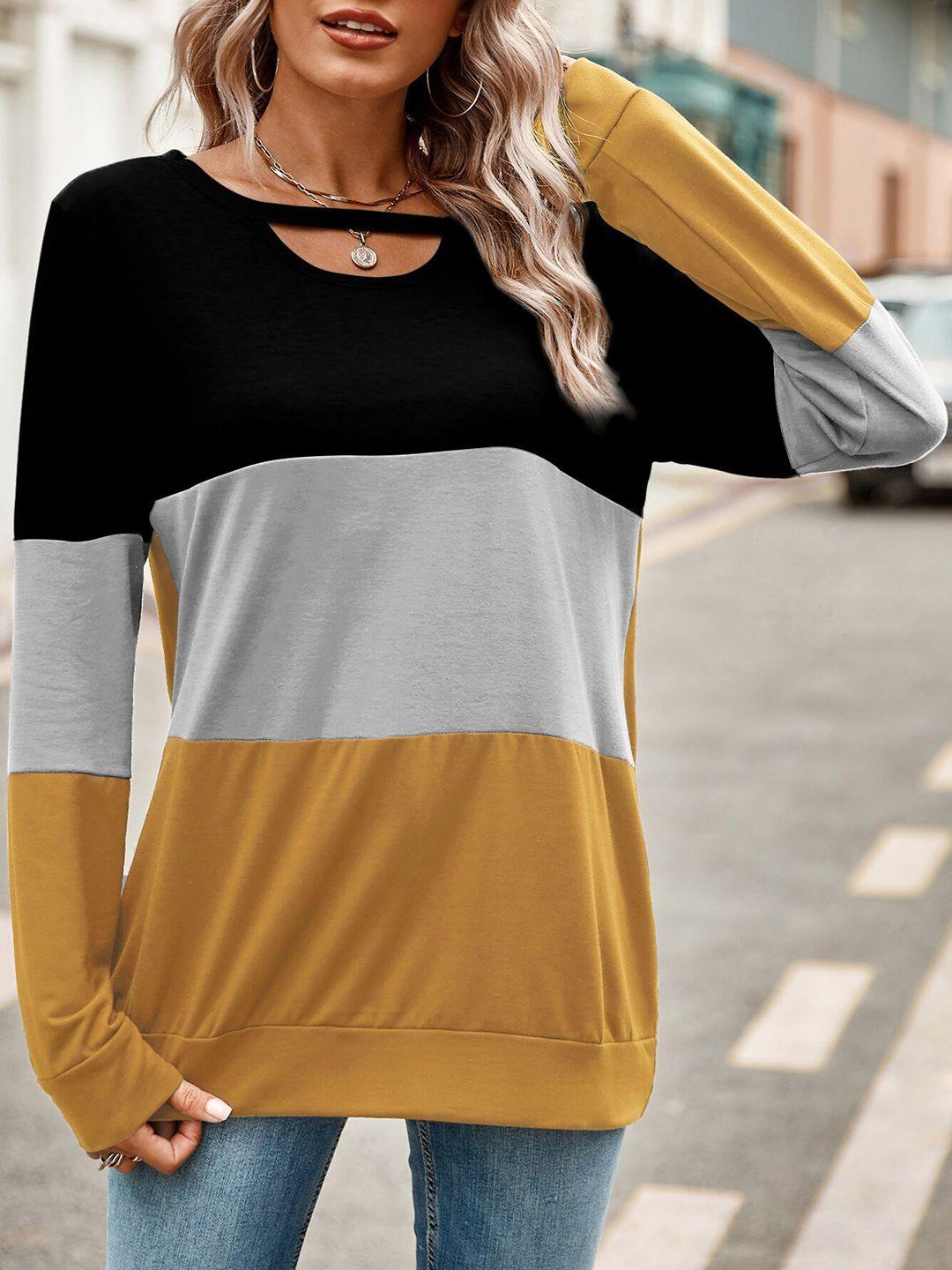 stylecast yellow colourblocked keyhole neck extended sleeves cotton top