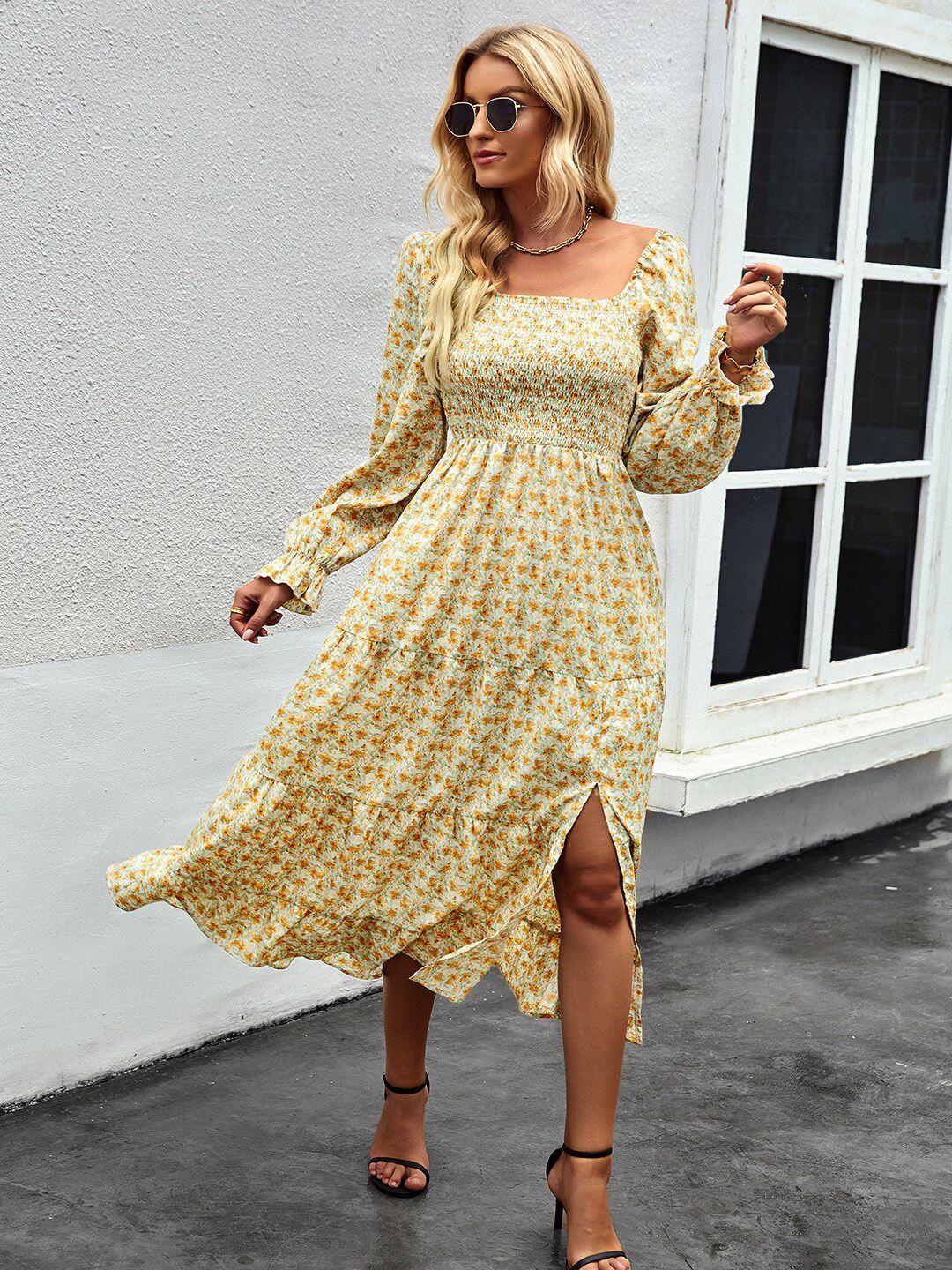 stylecast yellow floral printed square neck smocked fit & flare midi dress