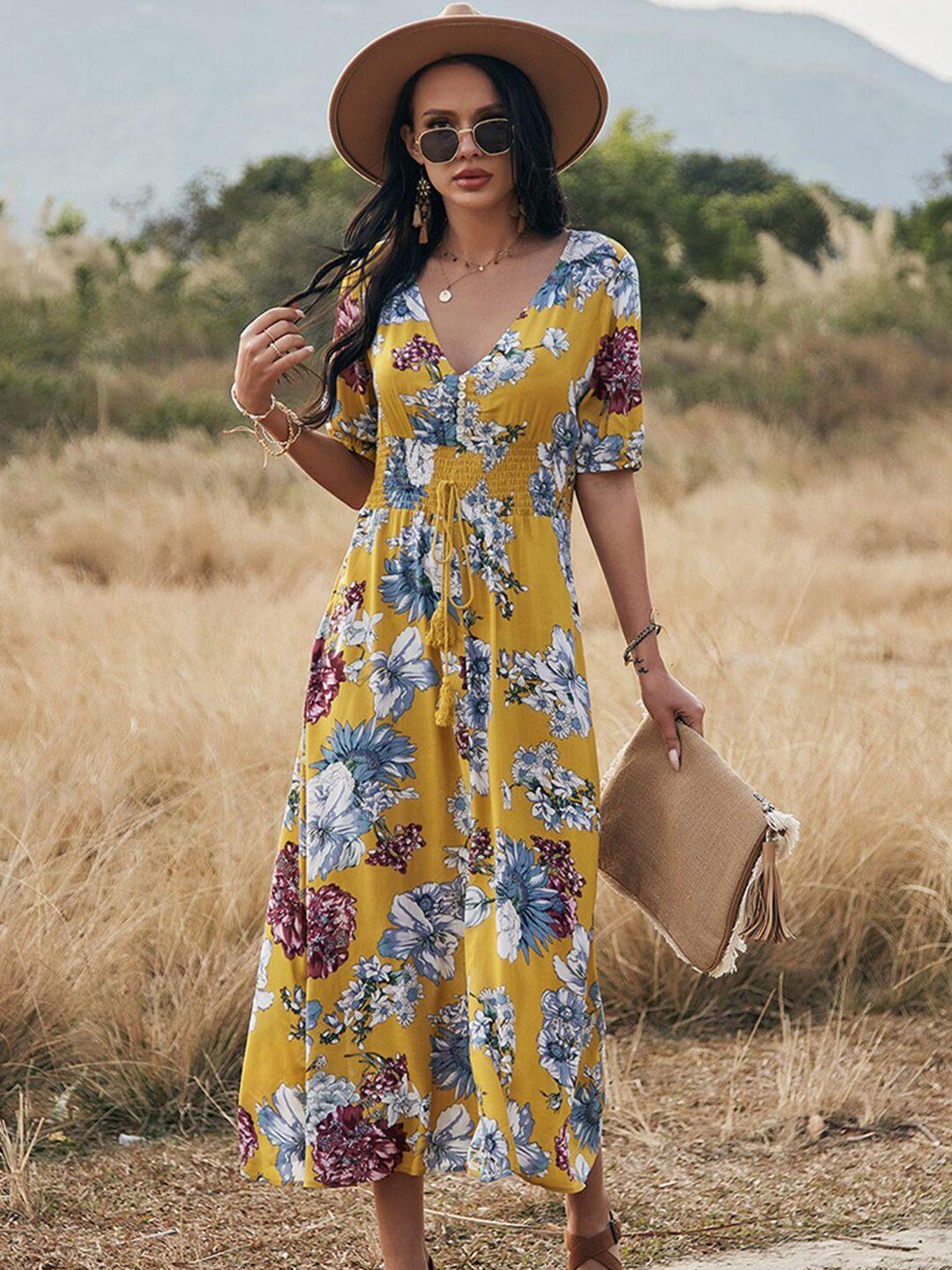 stylecast yellow floral printed v-neck a-line dress
