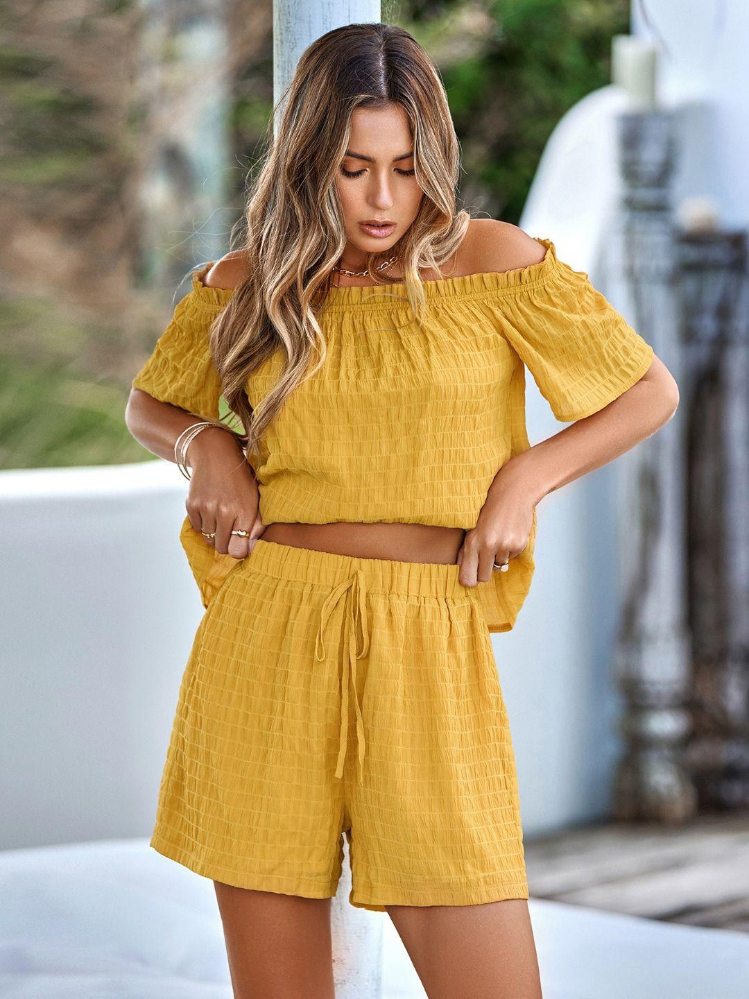 stylecast yellow self design off-shoulder tops & shorts