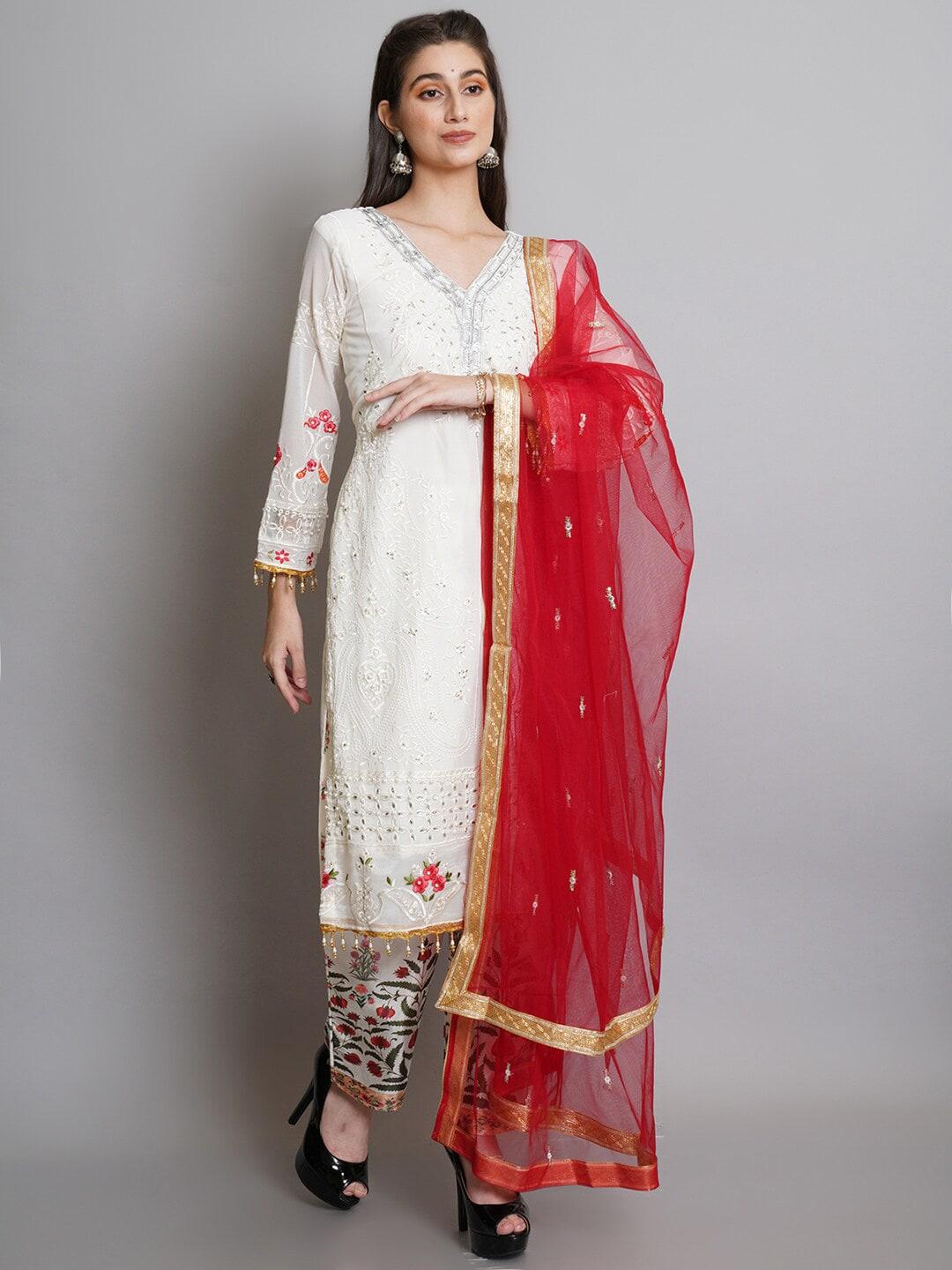 stylee lifestyle  women off white & red embroidered semi-stitched dress material
