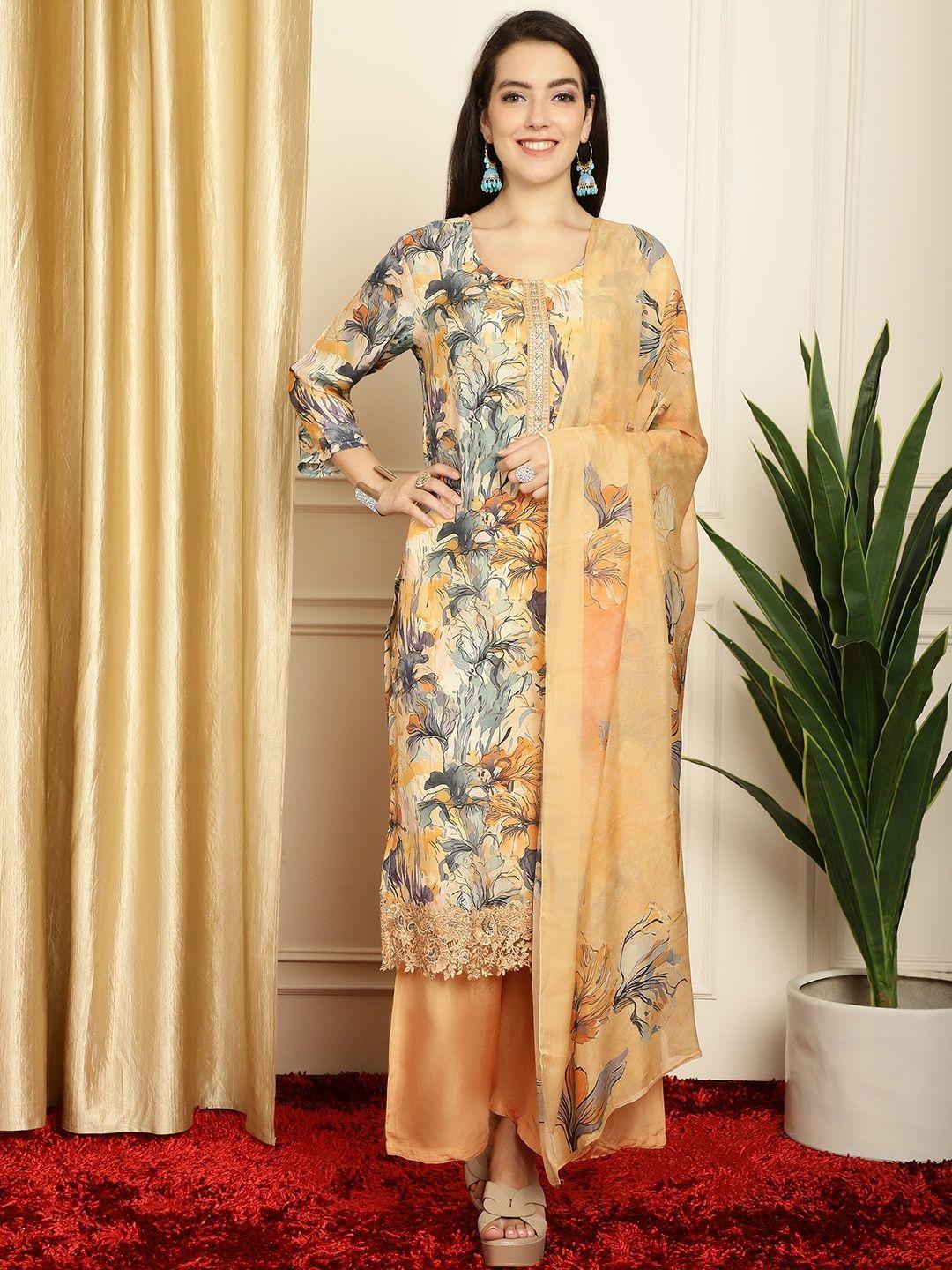 stylee lifestyle beige & black printed pure silk unstitched dress material