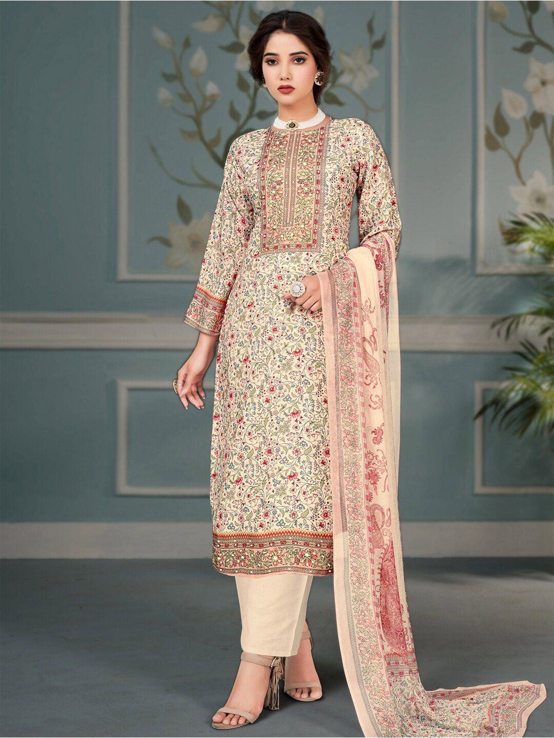 stylee lifestyle beige & green embroidered pure silk unstitched dress material