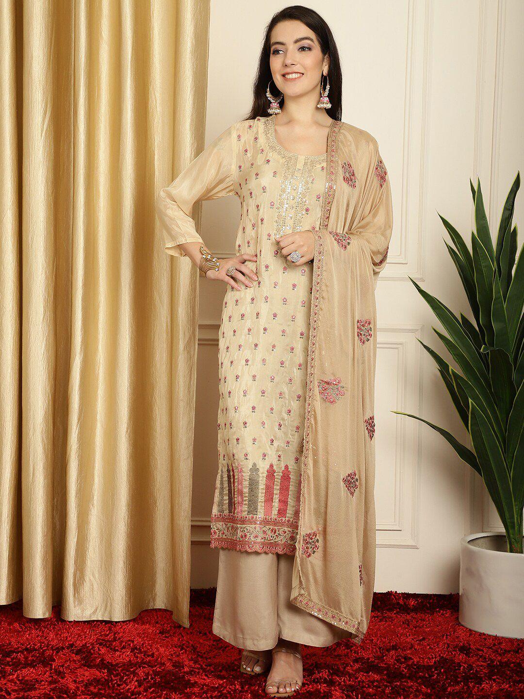 stylee lifestyle beige & pink embroidered pure silk unstitched dress material