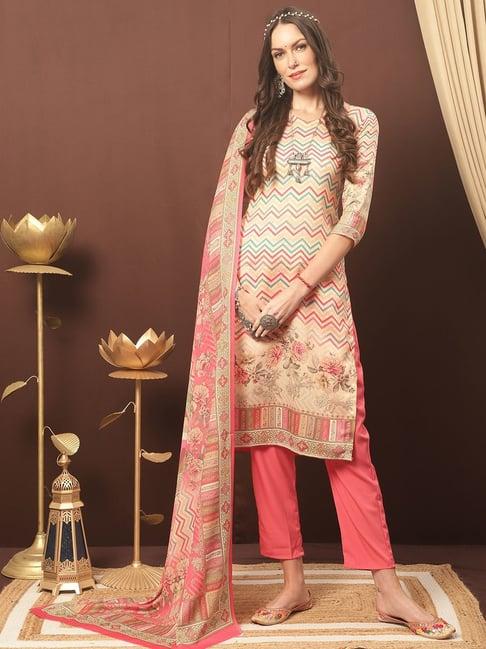 stylee lifestyle beige & pink printed unstitched dress material