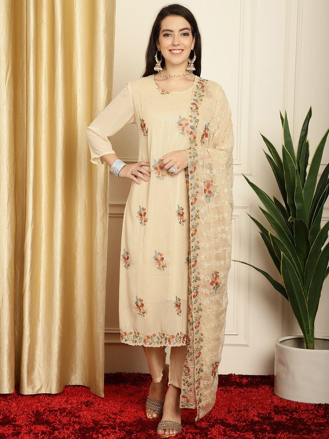 stylee lifestyle beige & red embroidered silk georgette unstitched dress material