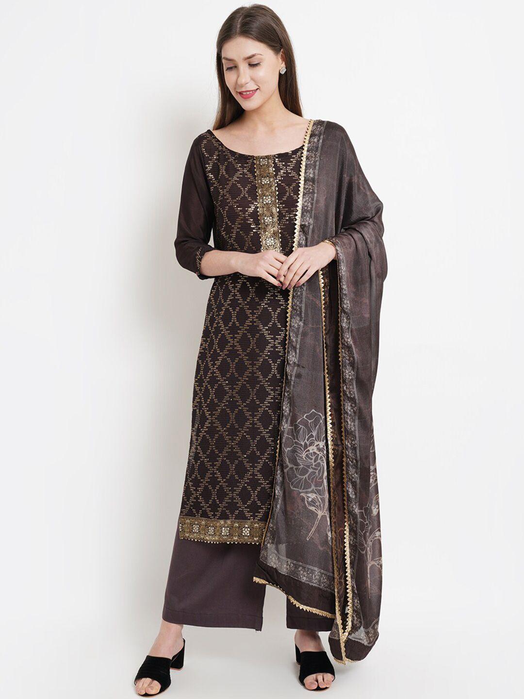 stylee lifestyle brown & gold-toned printed unstitched dress material