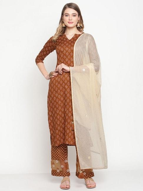 stylee lifestyle brown cotton printed unstitched dress material