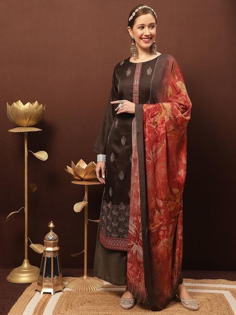 stylee lifestyle brown embroidered unstitched dress material