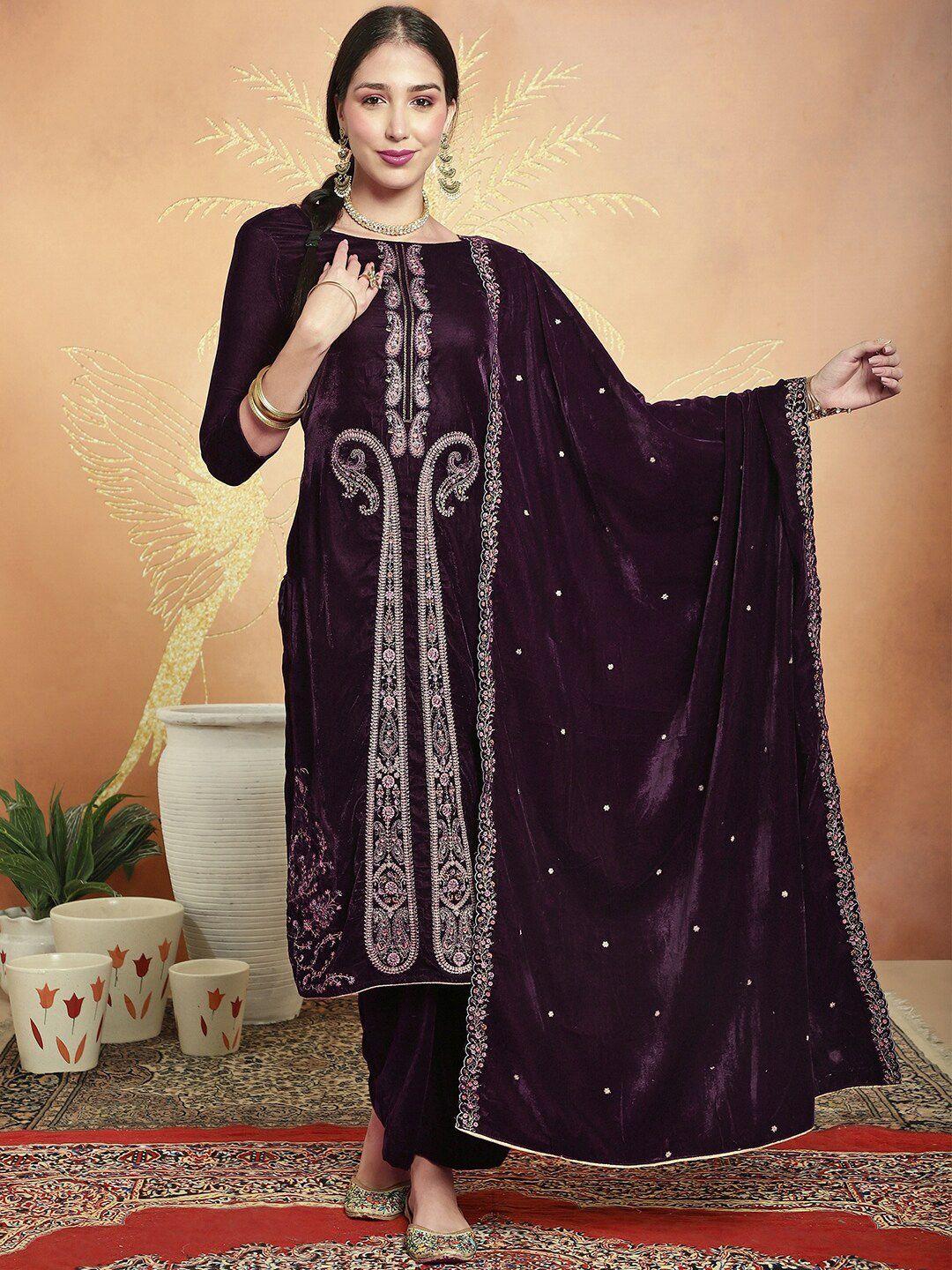stylee lifestyle burgundy embroidered velvet unstitched dress material