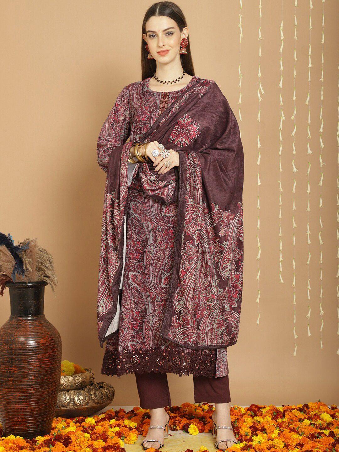 stylee lifestyle burgundy printed velvet unstitched dress material