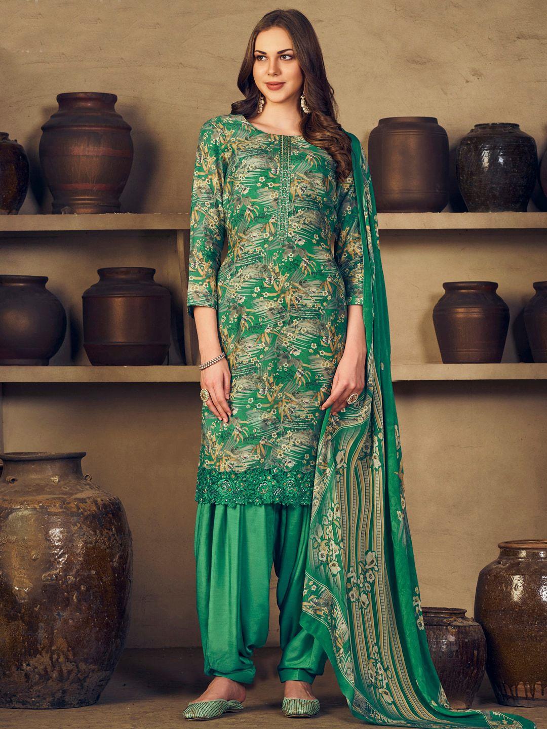 stylee lifestyle green & beige printed pure silk unstitched dress material