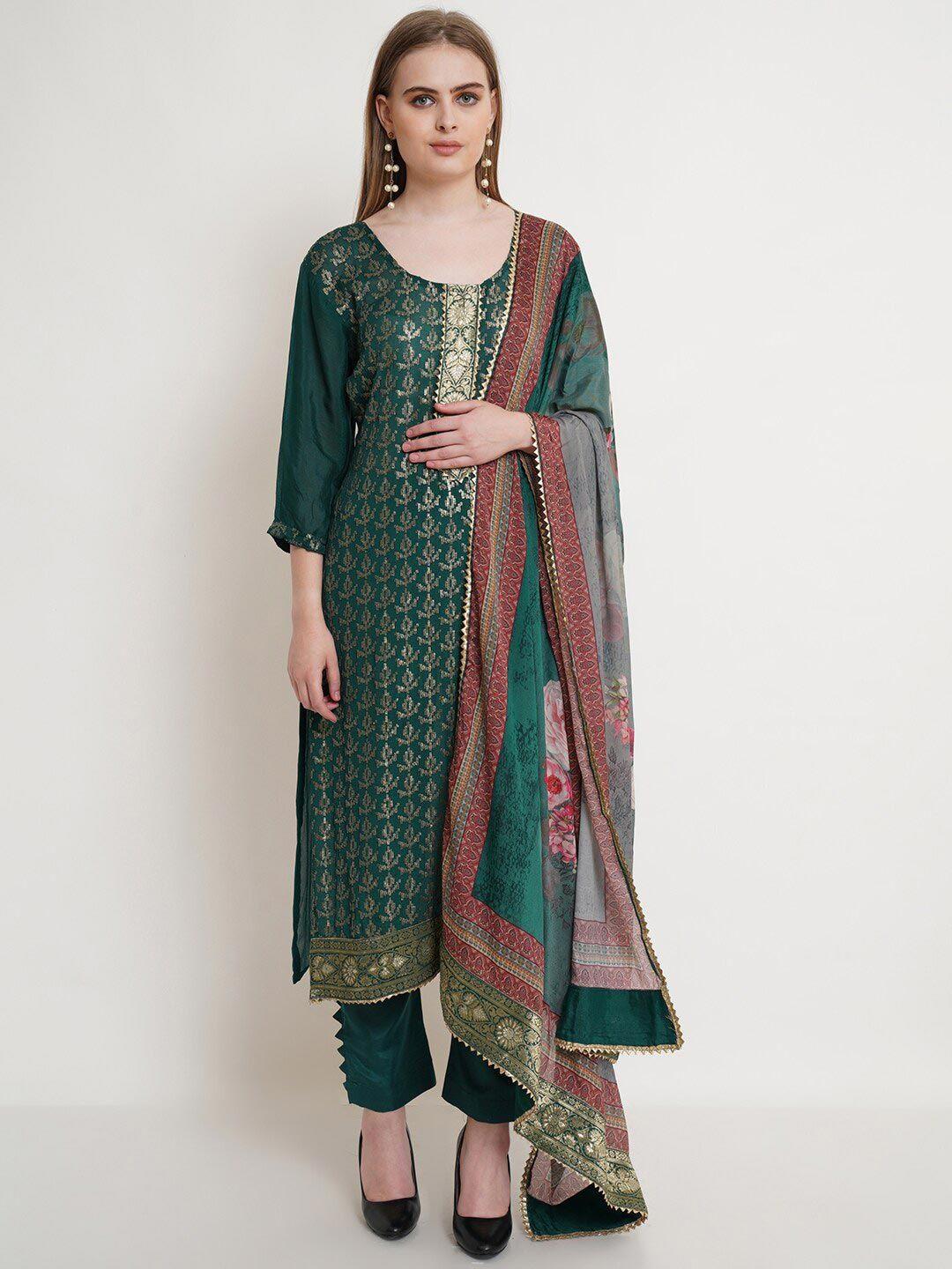 stylee lifestyle green & gold-toned printed unstitched dress material