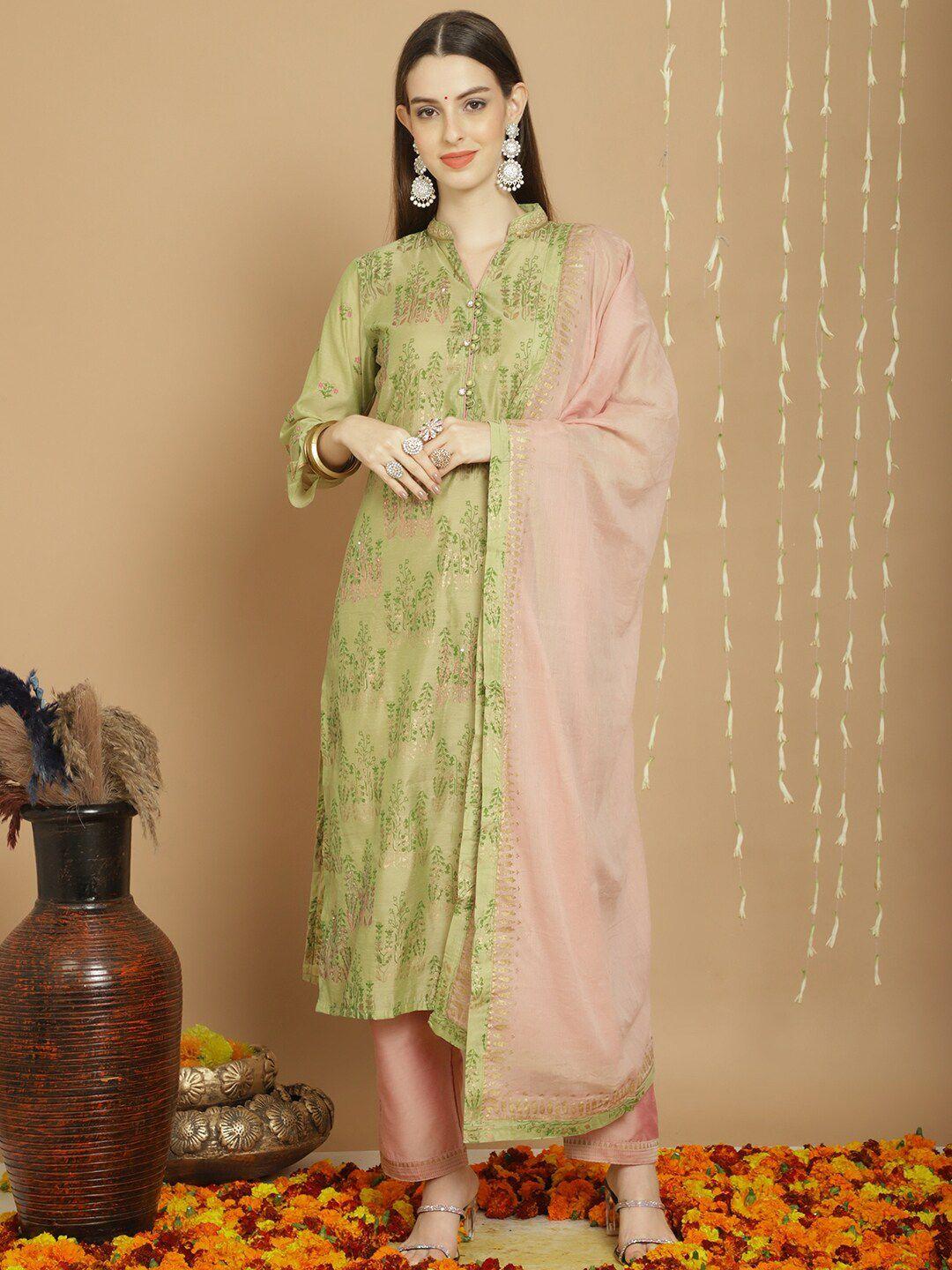 stylee lifestyle green embroidered art silk semi-stitched dress material
