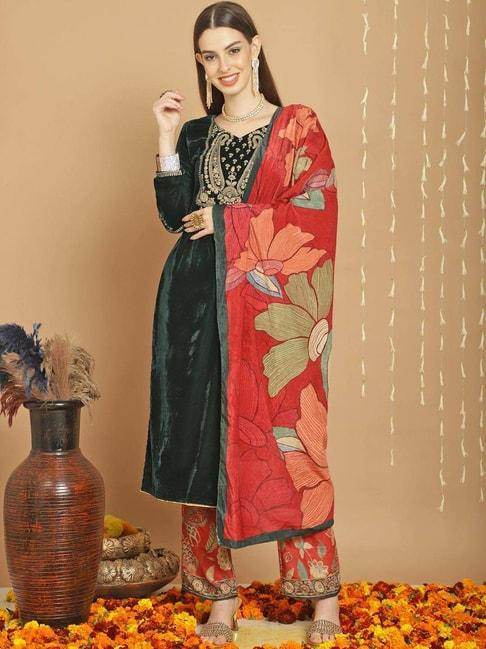 stylee lifestyle green embroidered unstitched dress material