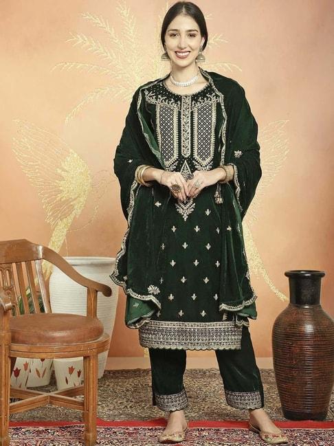 stylee lifestyle green embroidered unstitched dress material