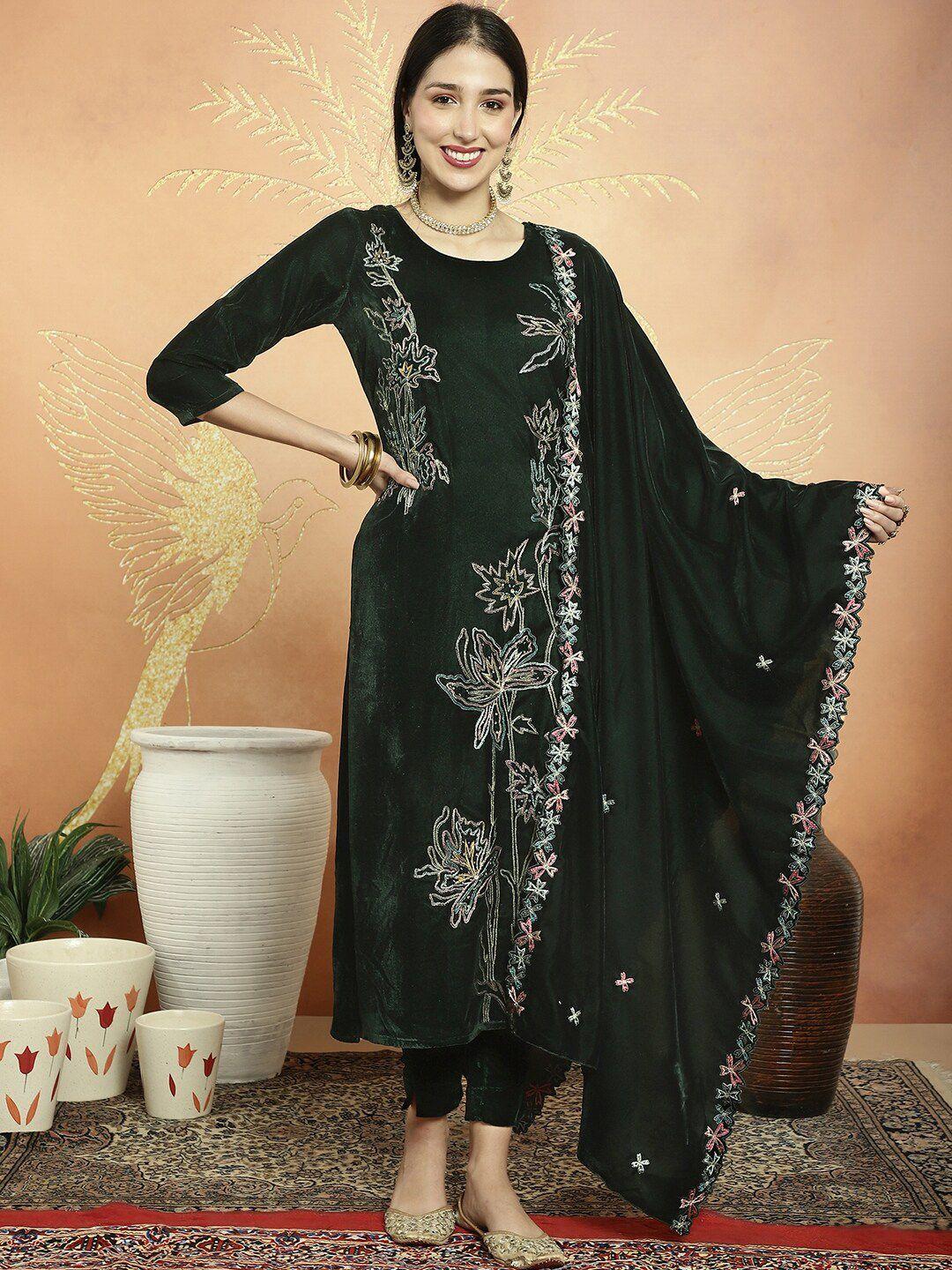 stylee lifestyle green embroidered velvet unstitched dress material