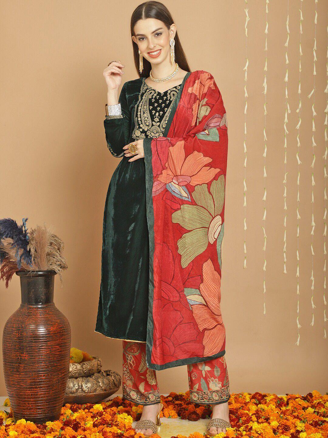 stylee lifestyle green embroidered velvet unstitched dress material