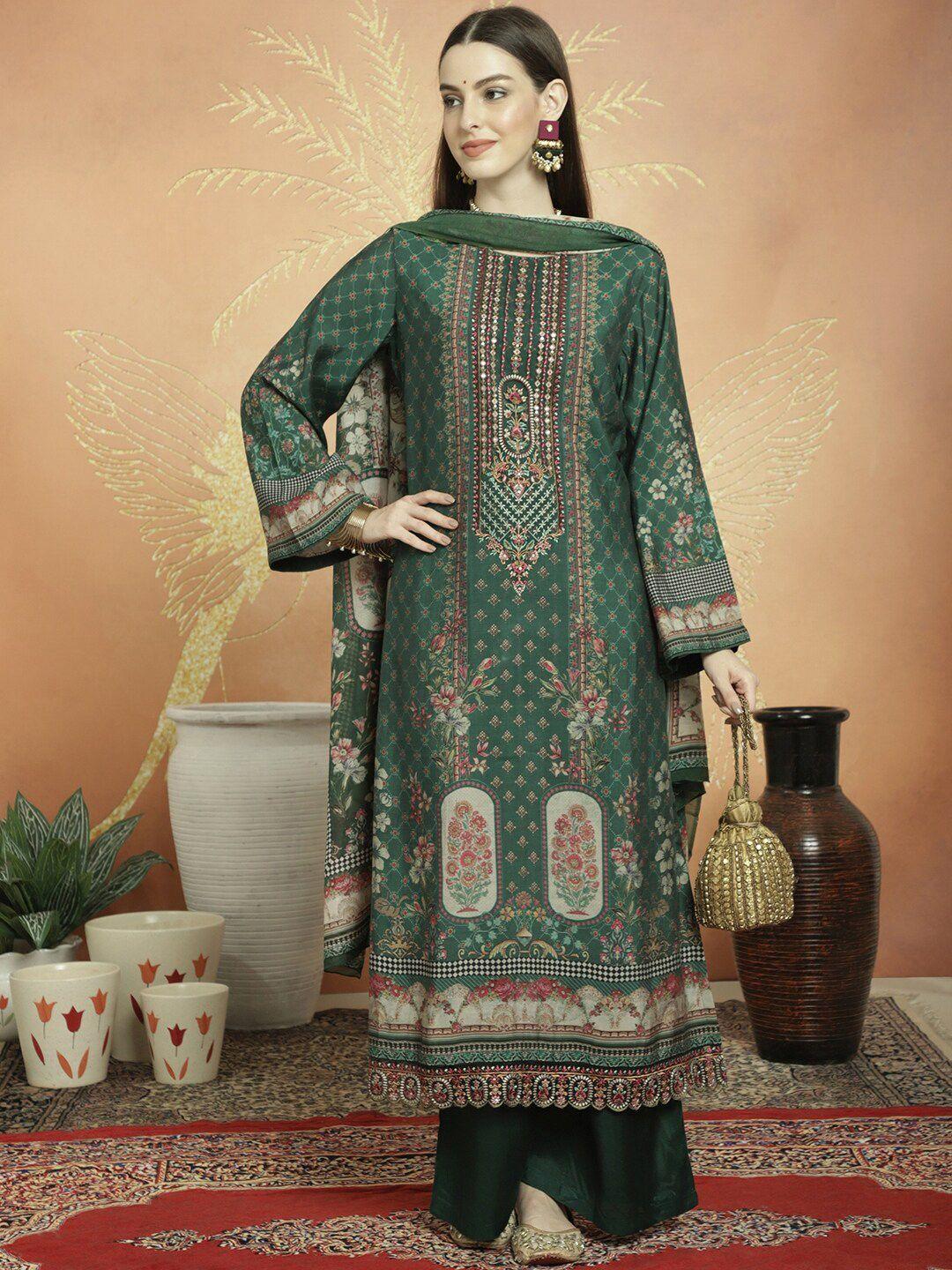 stylee lifestyle green printed pure silk unstitched dress material