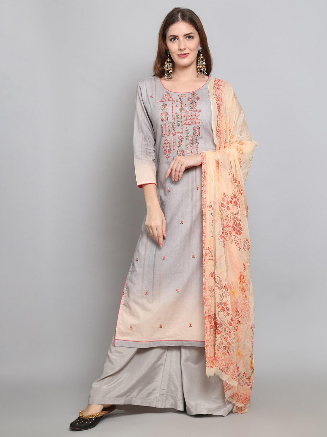 stylee lifestyle grey & peach-coloured embroidered unstitched dress material