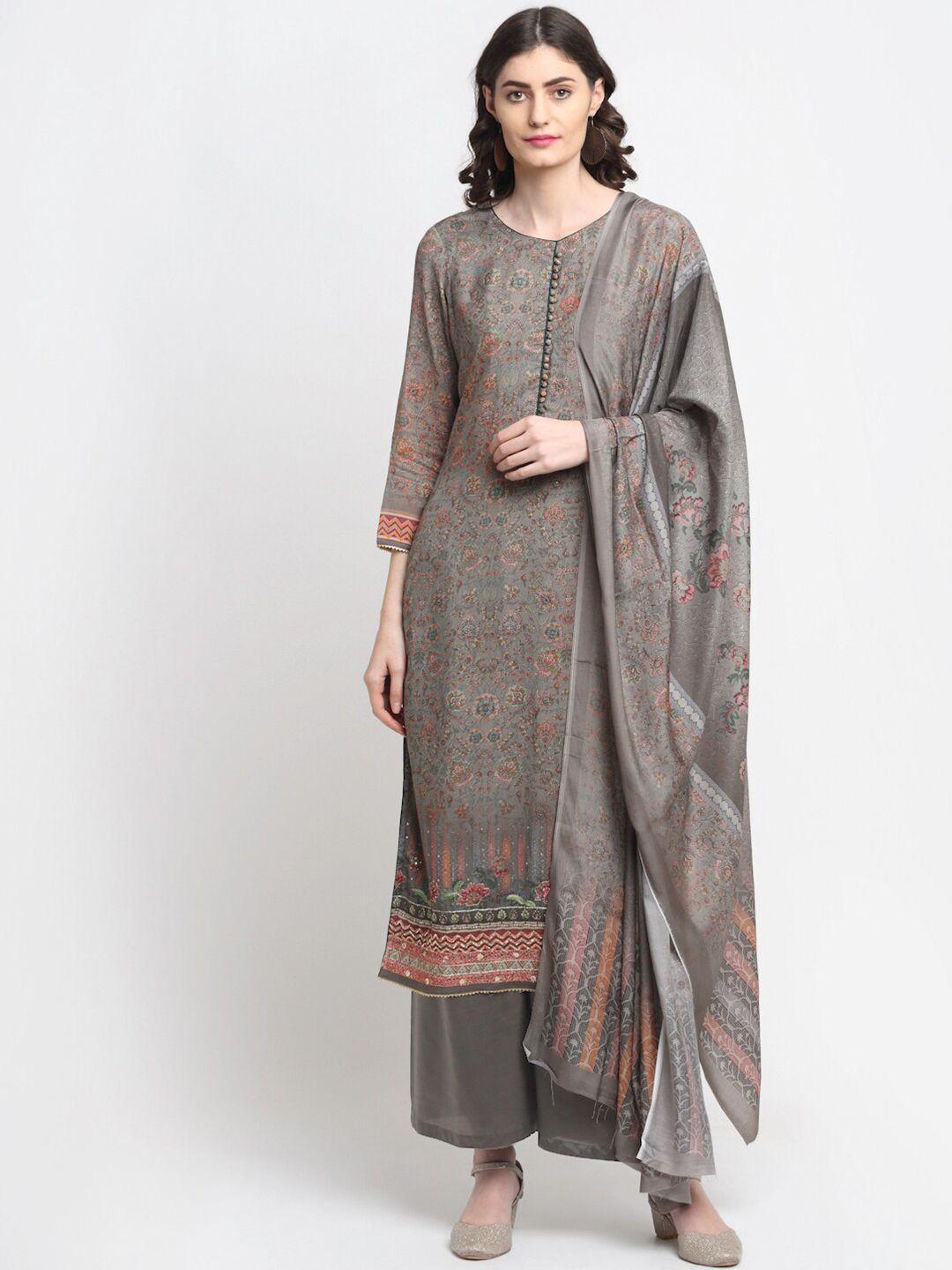 stylee lifestyle grey & red printed pure silk unstitched dress material